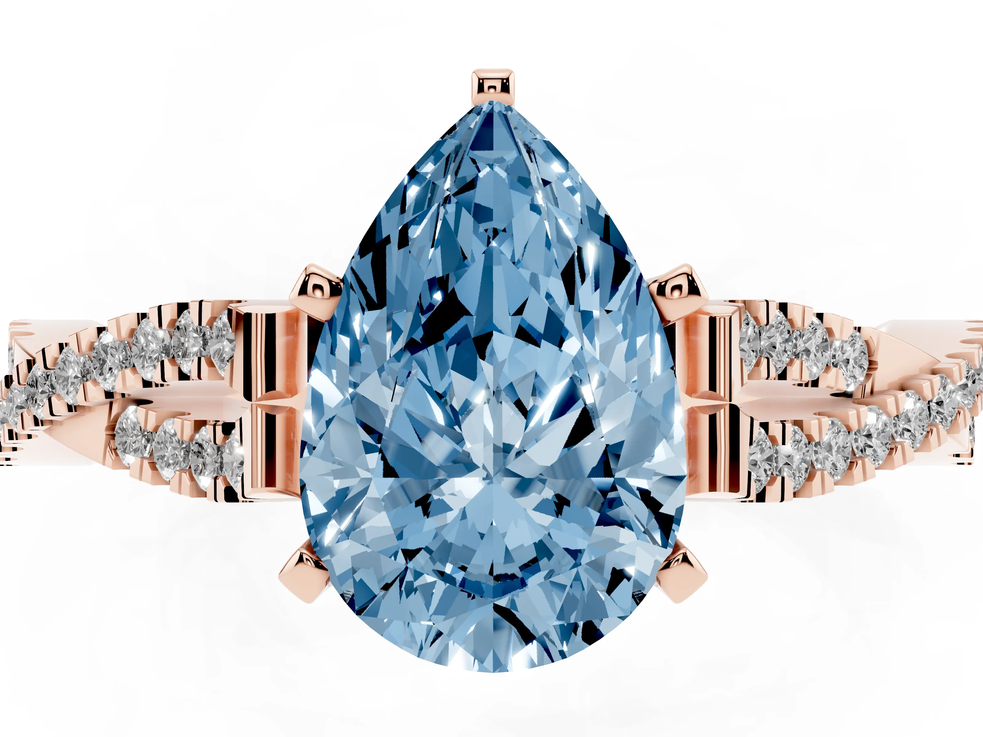 Fancy Blue Pear Cut Diamond Solitaire Engagement Ring Set in Rose gold with Twisted Pavé Band and Prong Setting