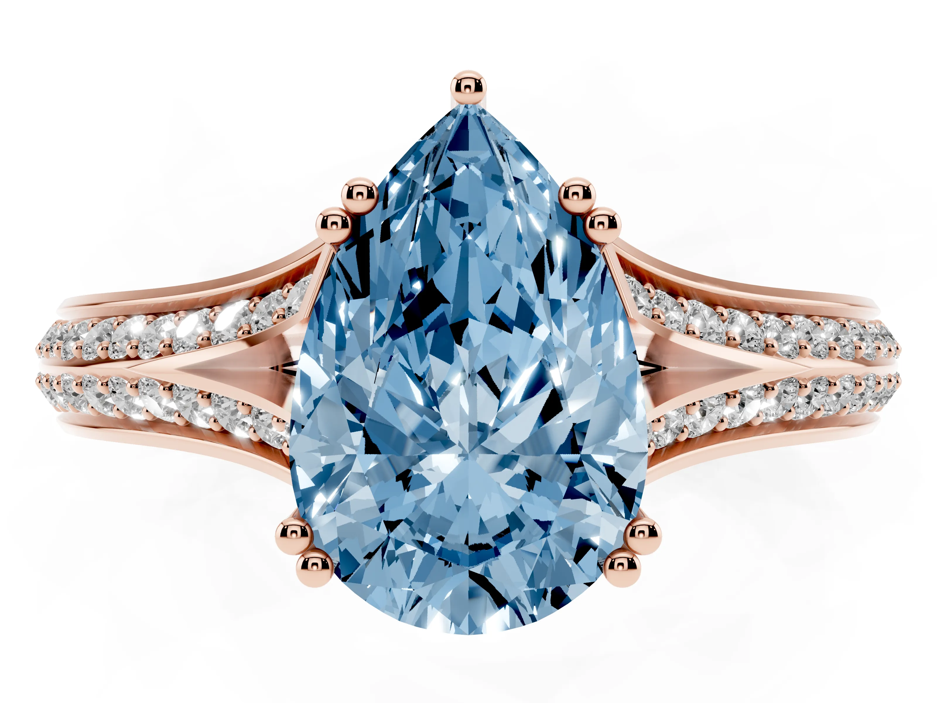 Fancy Blue Pear Cut Diamond Split Shank Pavé Engagement Ring Set in Rose gold with Prong-Set Center Stone