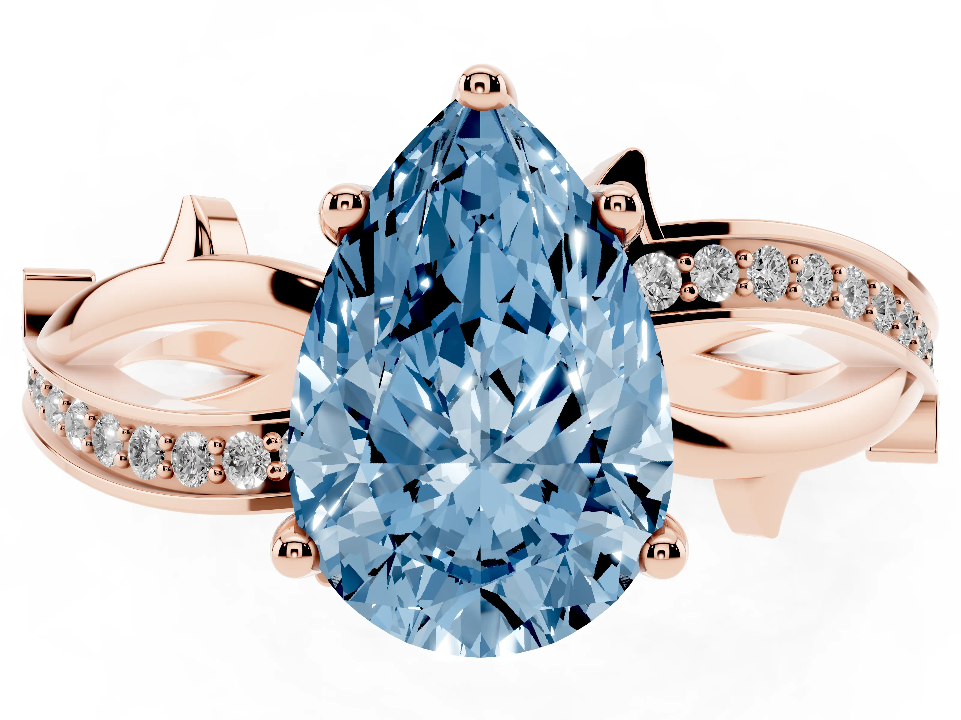 Fancy Blue Pear Cut Diamond Pavé Twist Band Solitaire Ring Set in Rose gold with Prong Setting