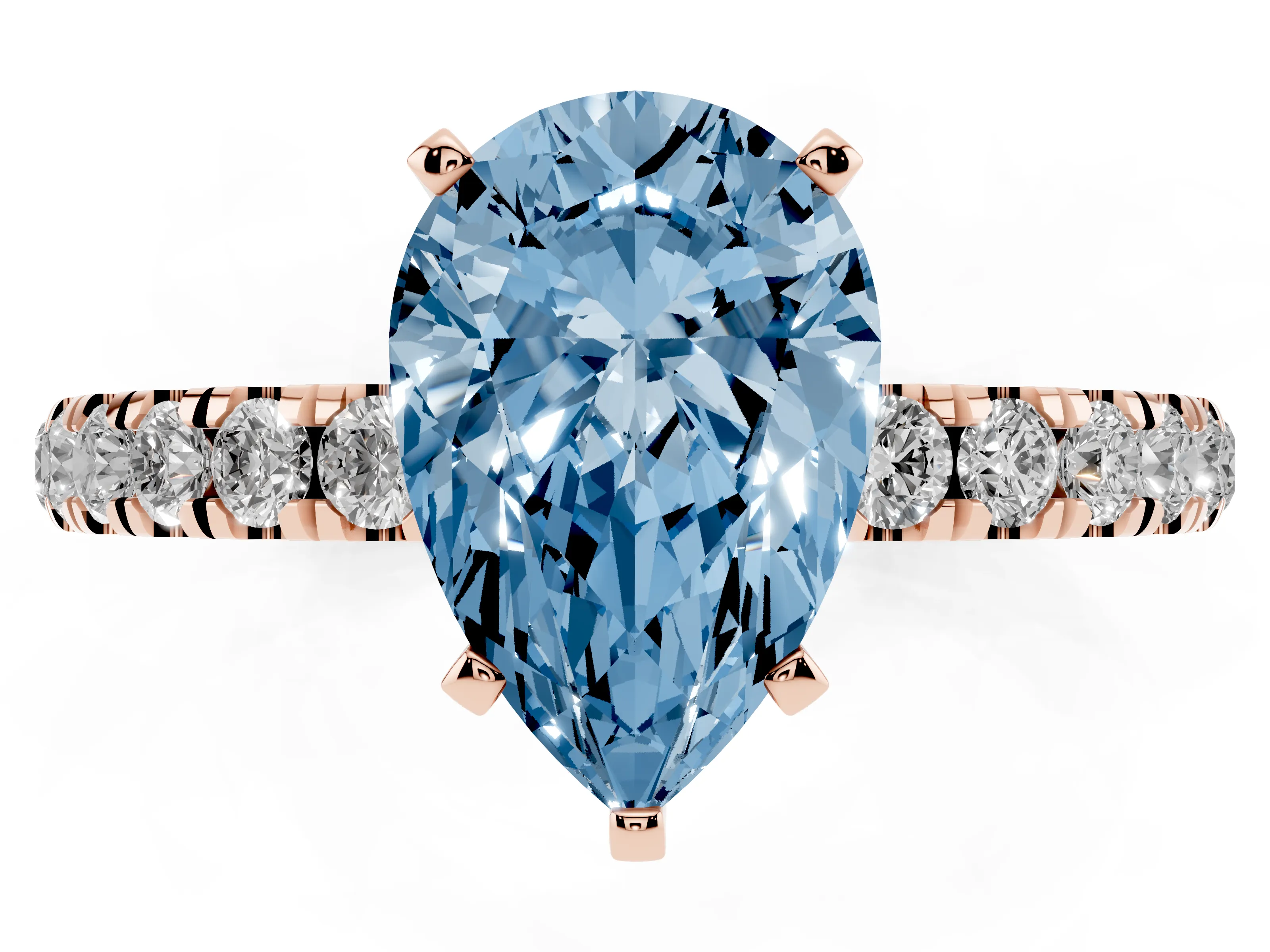Fancy Blue Pear Cut Diamond Solitaire Ring Set in Rose gold with Pavé Accents and Prong Setting