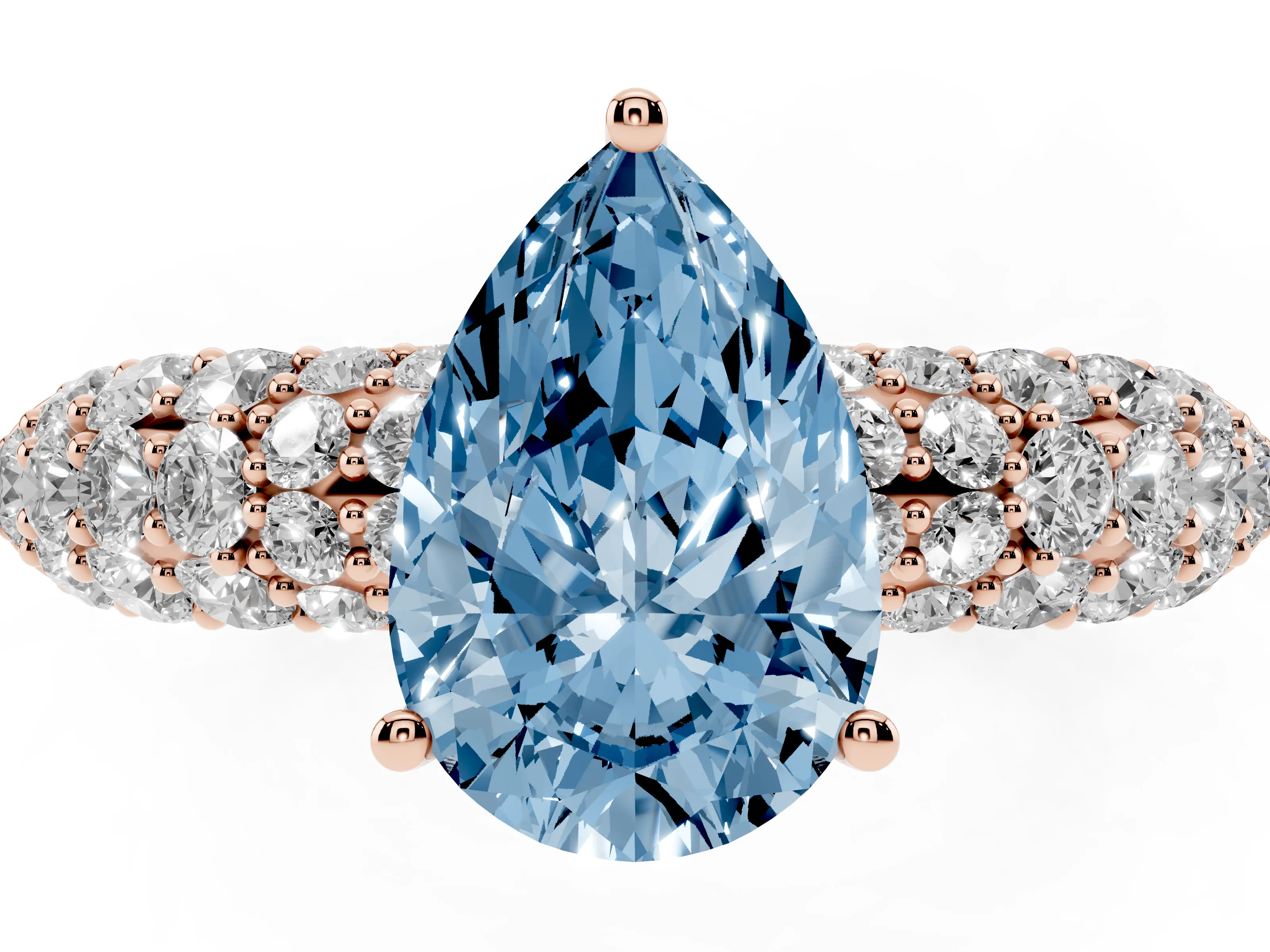 Fancy Blue Pear Cut Diamond Pavé Band Solitaire Ring Set in Rose gold with Close-Set Accent Stones and Prong Setting