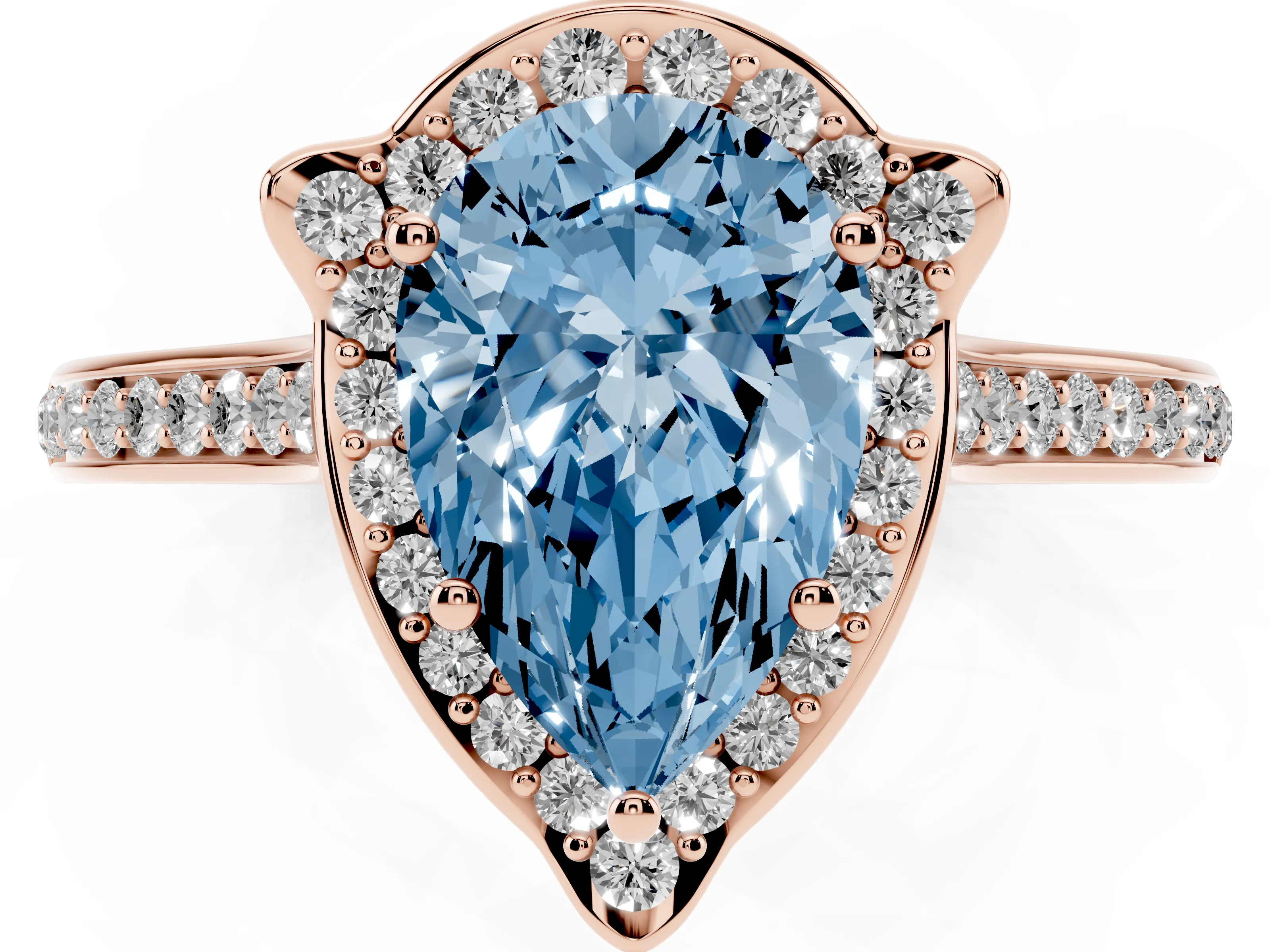Fancy Blue Pear Cut Diamond Halo Ring Set in Rose gold with Pavé-Lined Shoulders and Prong Setting