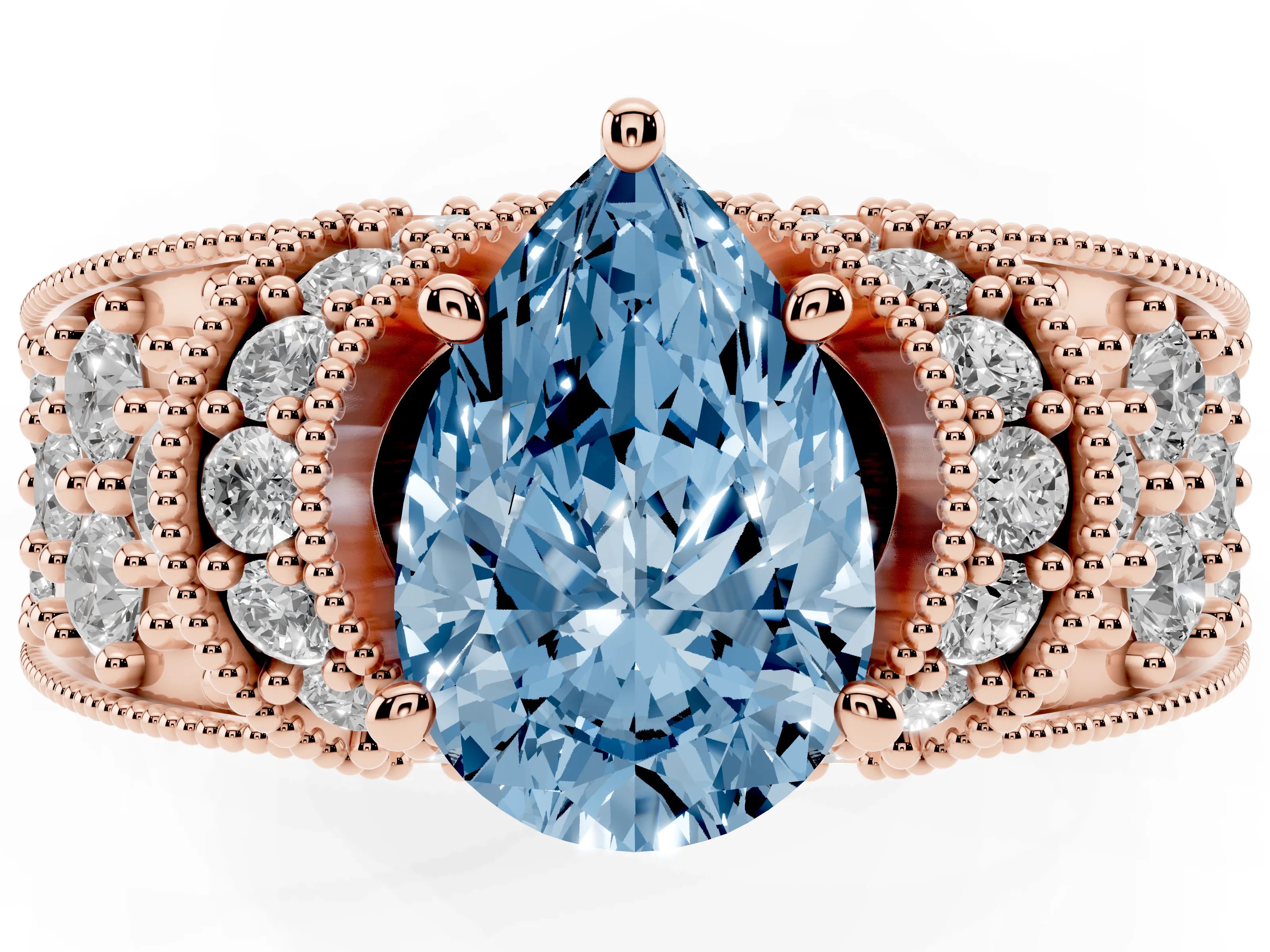 Fancy Blue Pear Cut Diamond Milgrain Halo Pavé Engagement Ring Set in Rose gold with Prong Setting