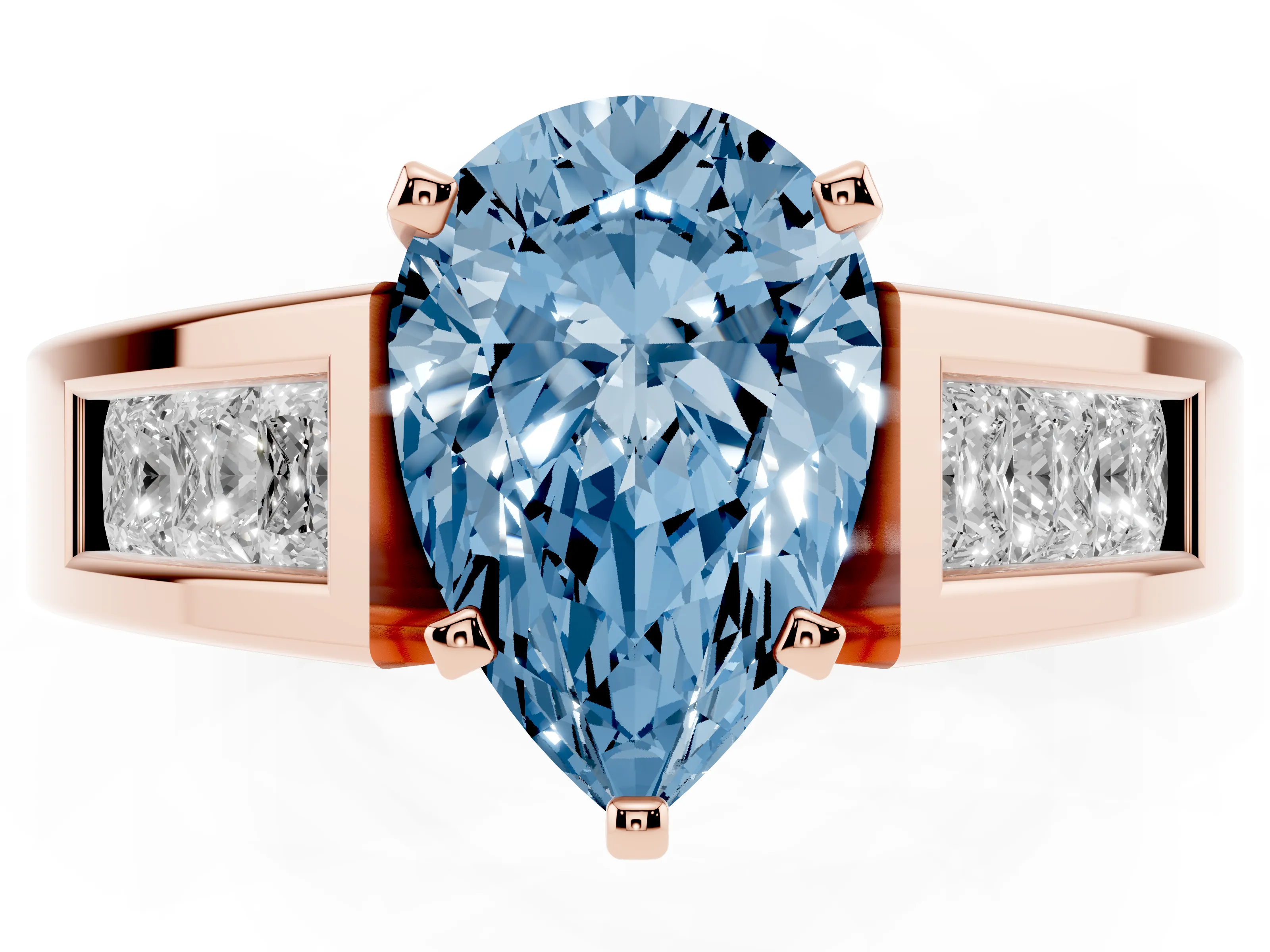 Fancy Blue Pear Cut Diamond Solitaire Ring Set in Rose gold with Channel-Set Accent Stones and Prong Setting