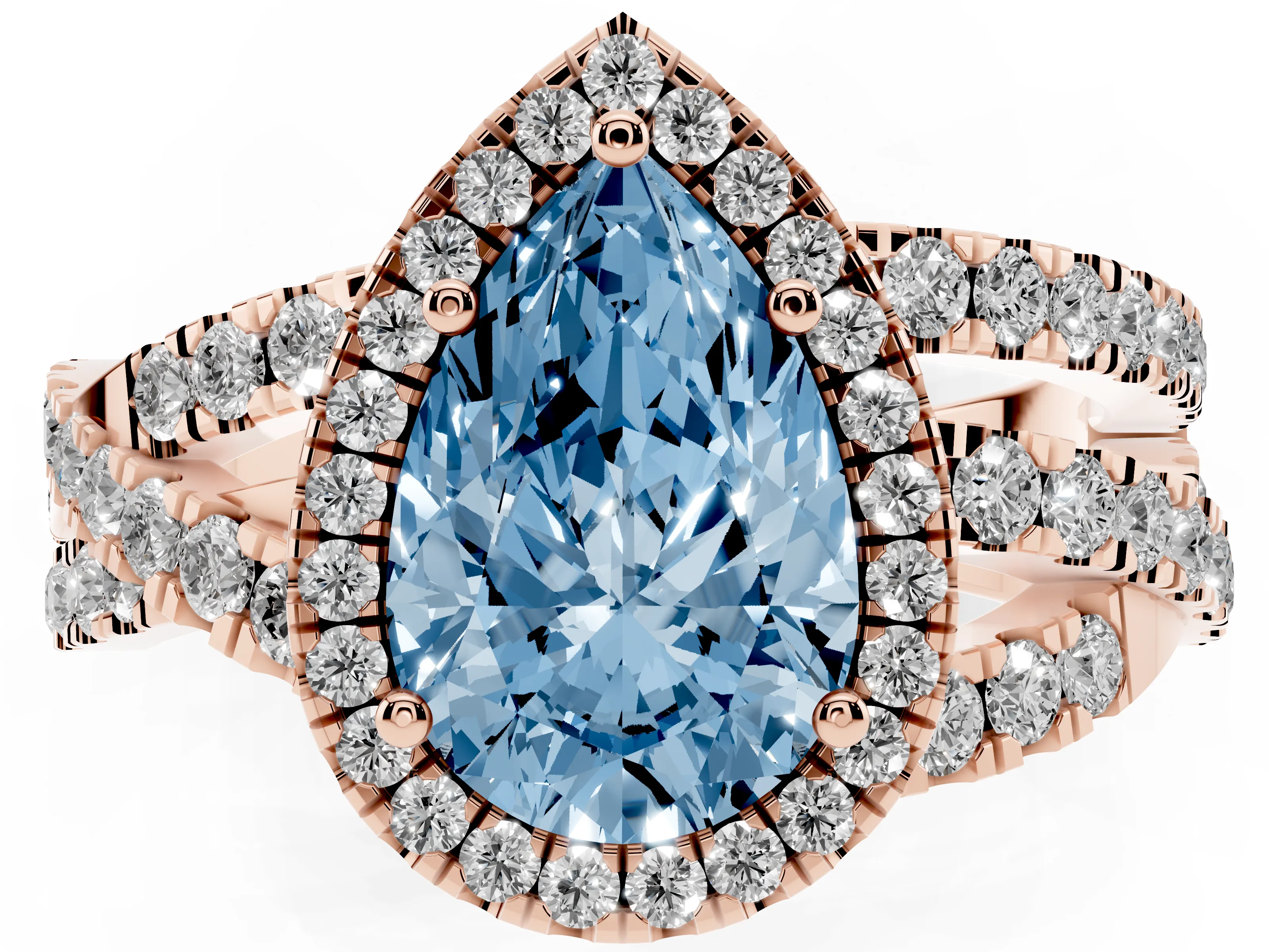 Fancy Blue Pear Cut Diamond Halo Ring Set in Rose gold with Round Crossover Split Shank and Prong Setting