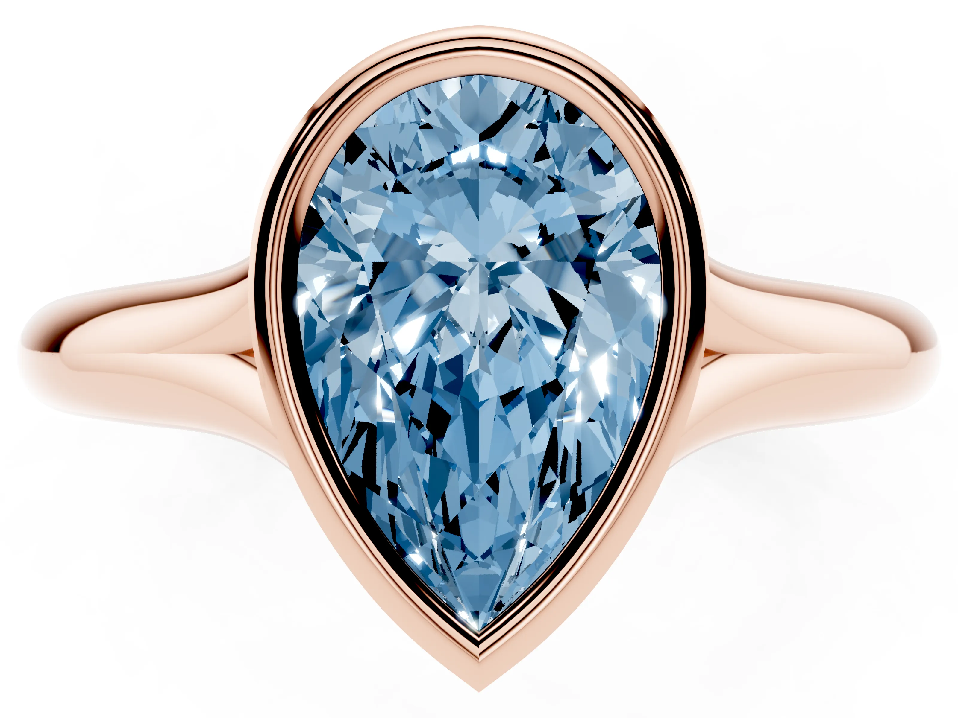 Fancy Blue Bezel Set Pear Cut Diamond Solitaire Ring Set in Rose gold with Smooth Band