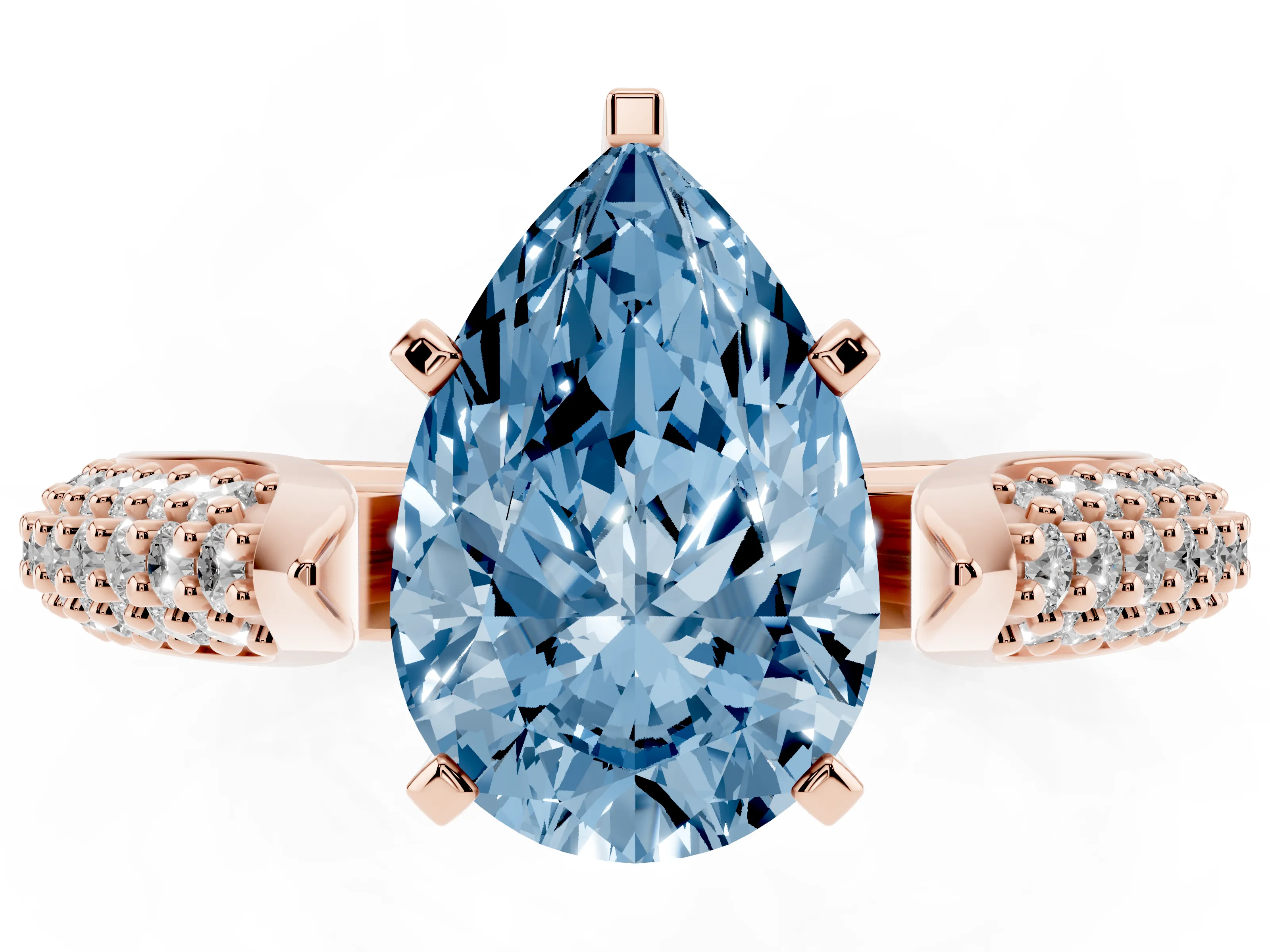 Fancy Blue Pear Cut Diamond Solitaire Engagement Ring Set in Rose gold with Multi-Row Round Pavé Band and Prong Setting