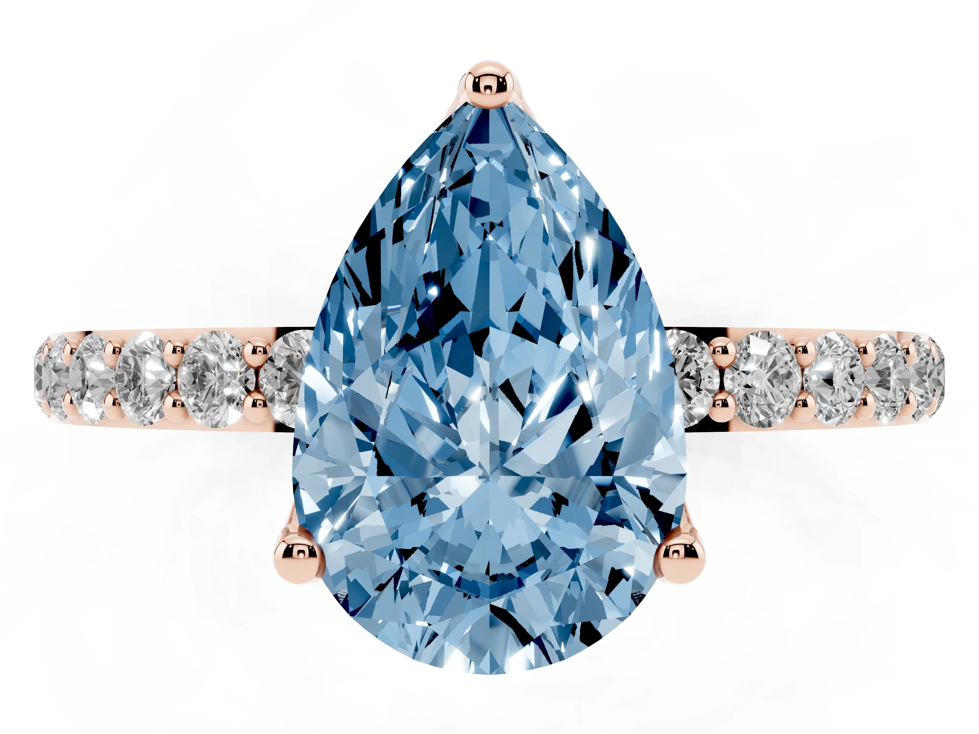 Fancy Blue Pear Cut Diamond Solitaire Engagement Ring Set in Rose gold with Round Pavé Band and Prong Setting