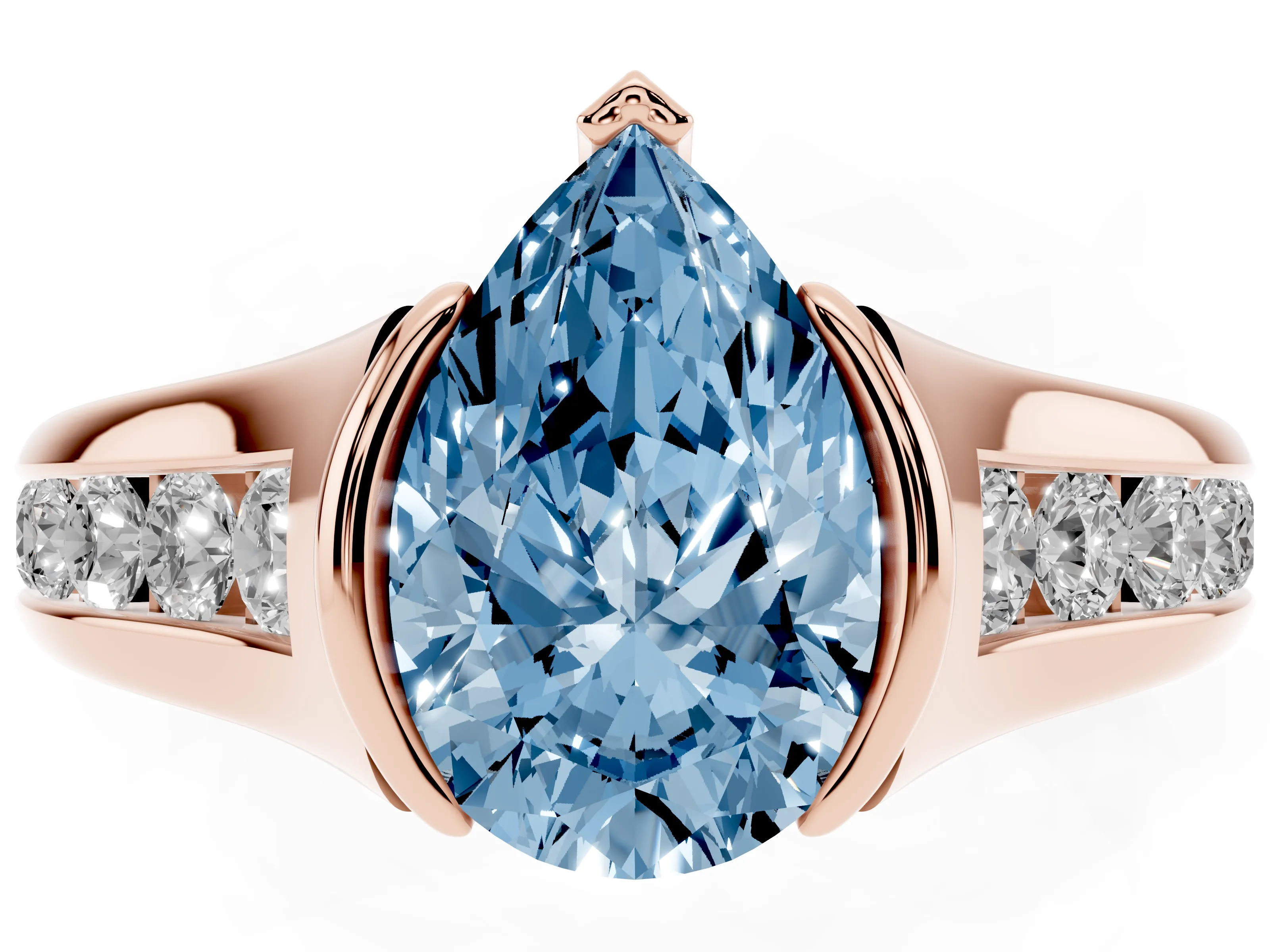 Fancy Blue Pear Cut Diamond Bezel-Set Solitaire Ring Set in Rose gold with Channel-Set Band