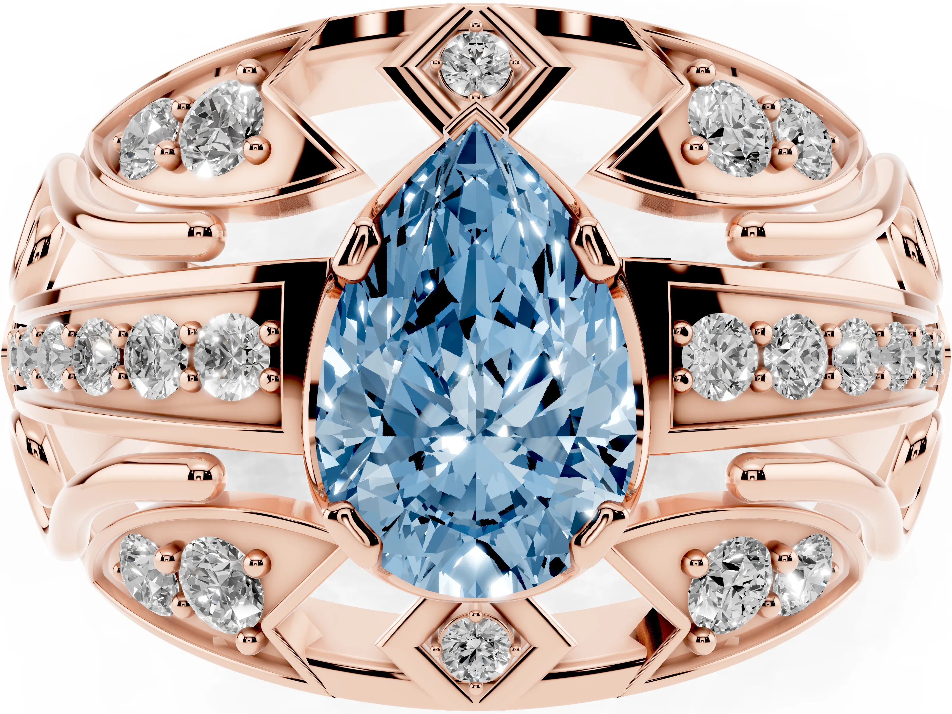 Fancy Blue Pear Cut Diamond Art Deco Ring Set in Rose gold with Pavé Split Shank