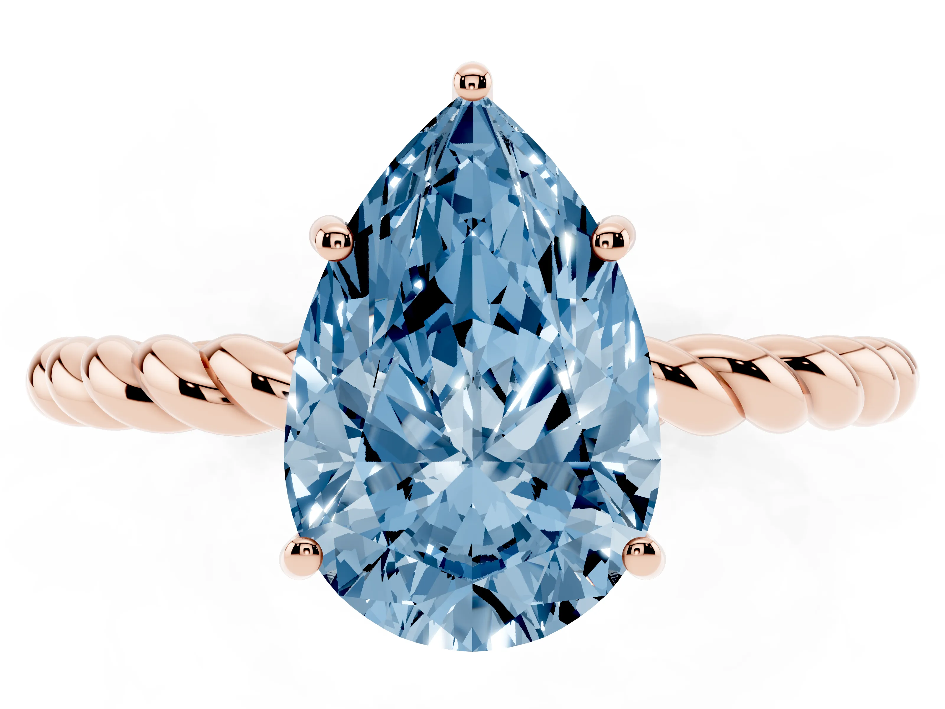 Fancy Blue Pear Cut Diamond Solitaire Ring Set in Rose gold with Twist Band and Prong Setting