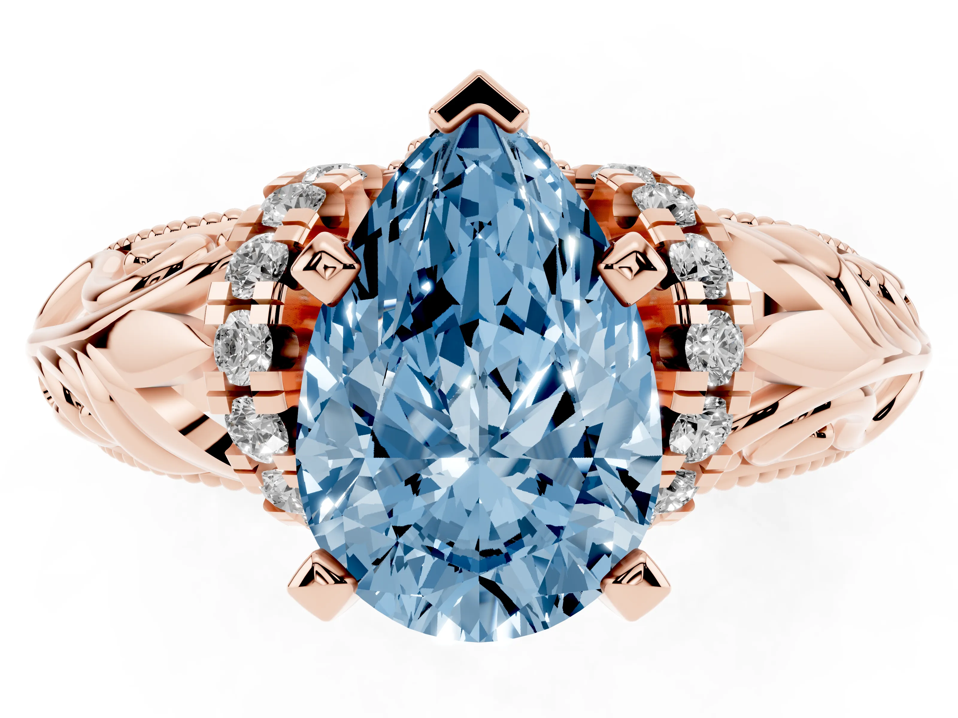 Fancy Blue Pear Cut Diamond Filigree Halo Engagement Ring Set in Rose gold with Prong Setting