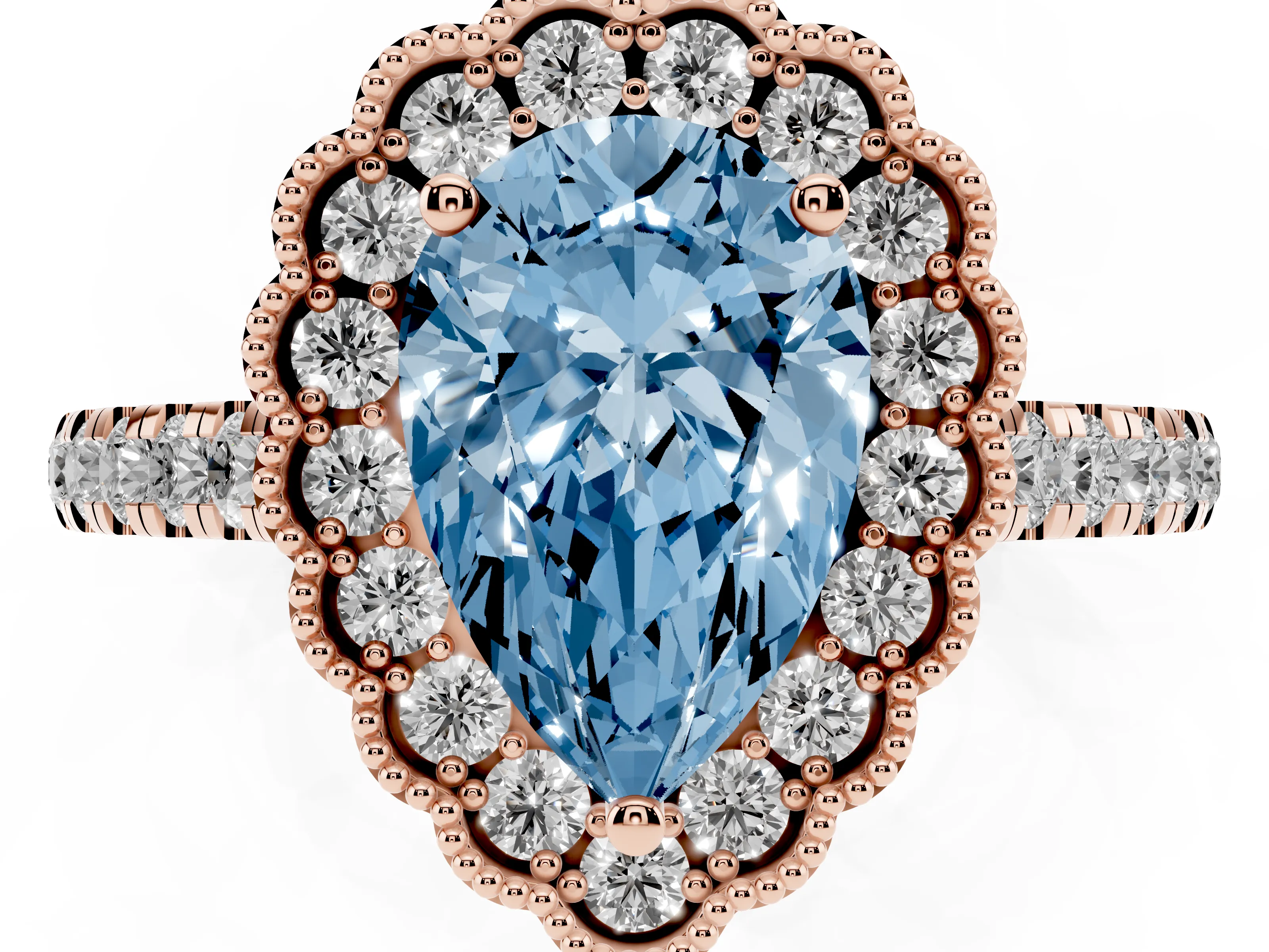 Fancy Blue Pear Cut Diamond Milgrain Floral Halo Engagement Ring Set in Rose gold with Pavé Band