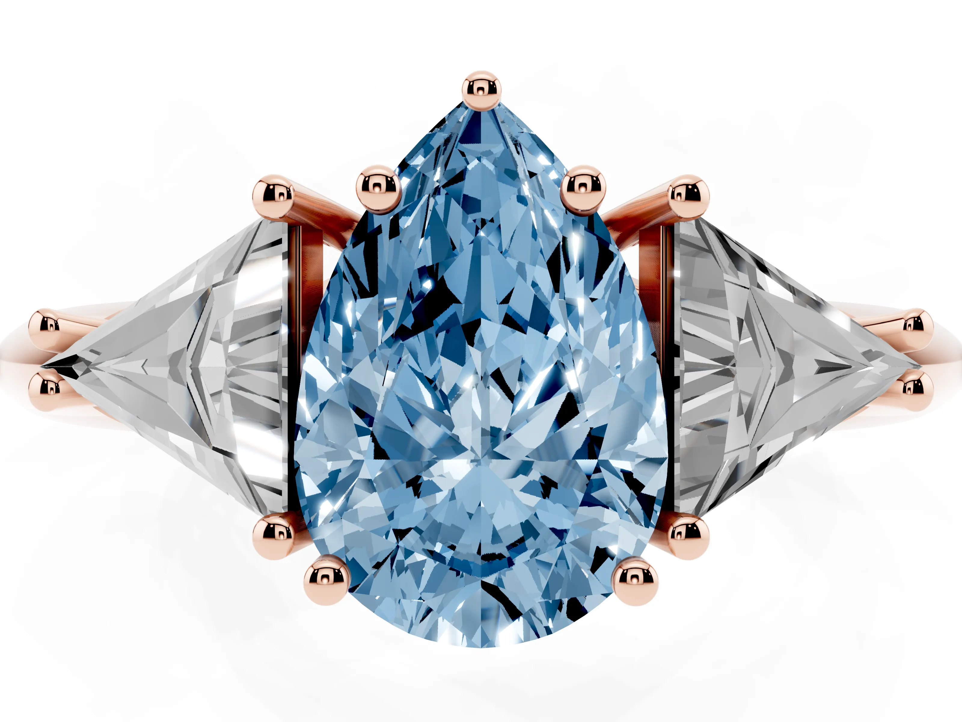 Fancy Blue Pear Cut Diamond Three-Stone Engagement Ring Set in Rose gold with Trillion Side Stones