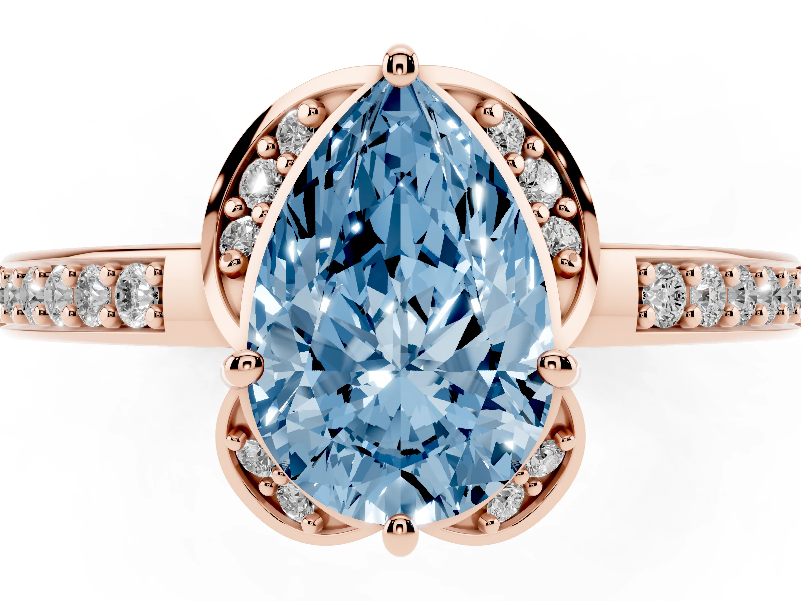 Fancy Blue Pear Cut Diamond Halo Ring Set in Rose gold with Channel Set Band and Prong Setting