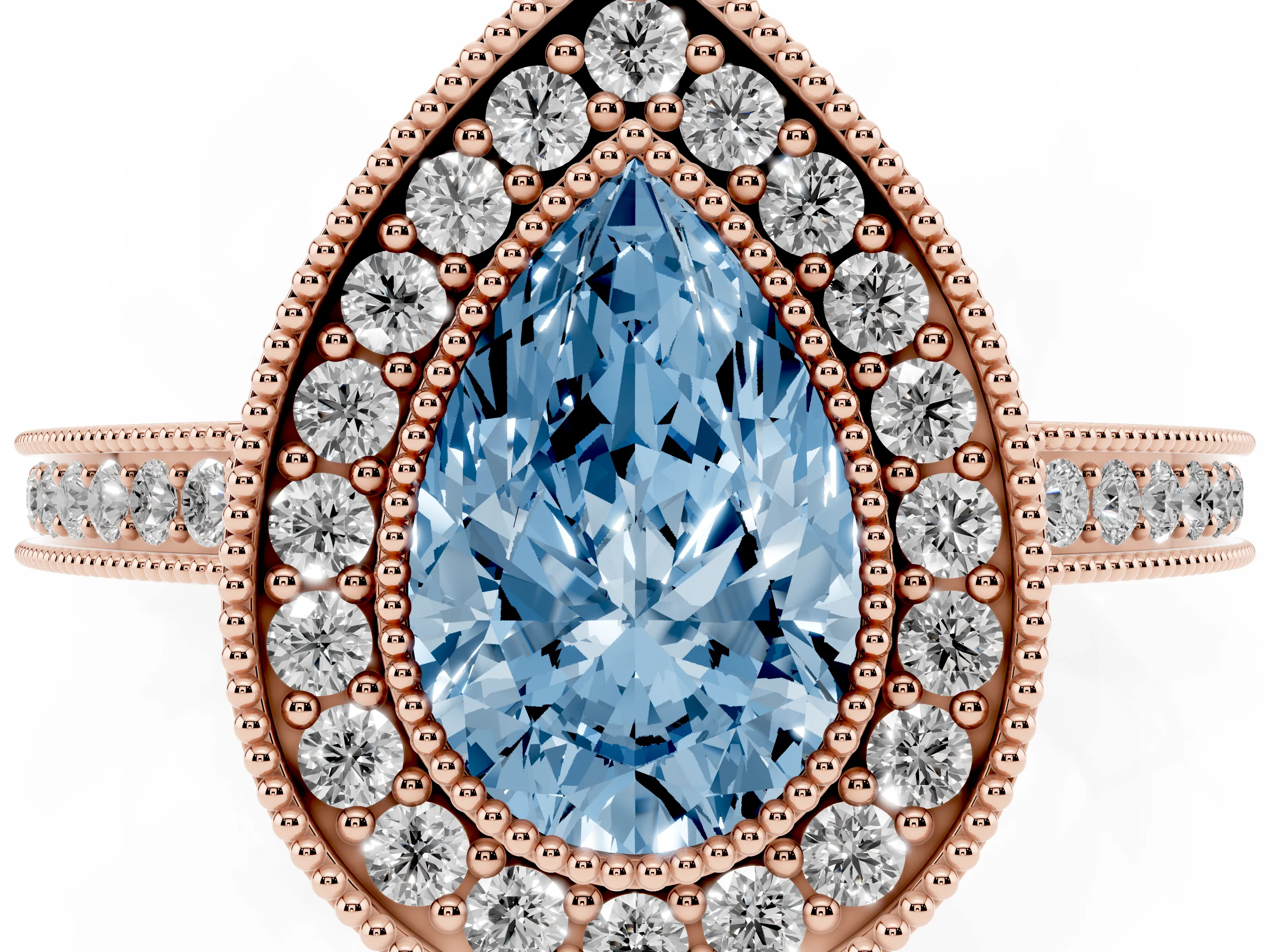 Fancy Blue Pear Cut Diamond Halo Ring Set in Rose gold with Pavé Band and Milgrain-Edged Prongs