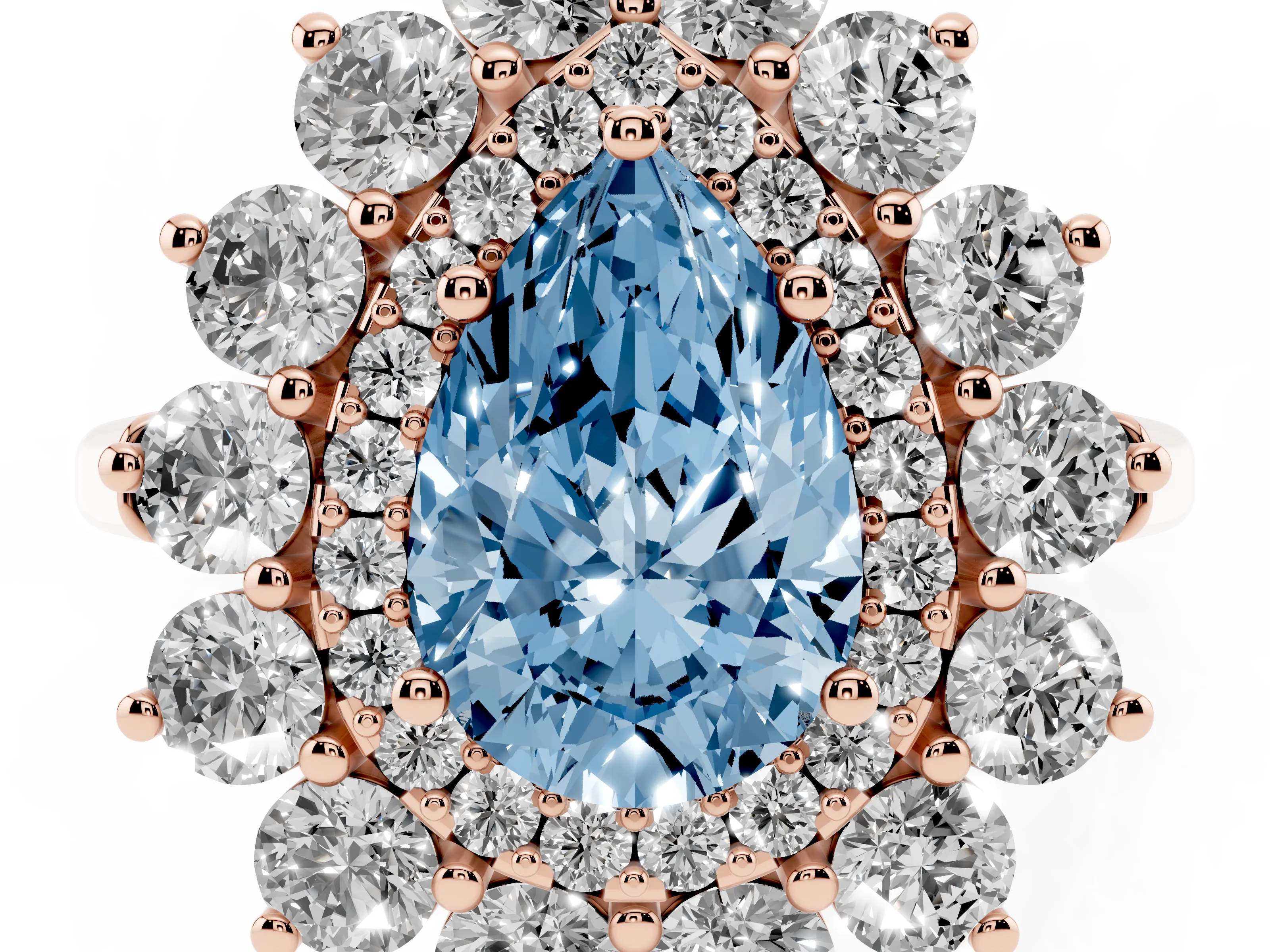 Fancy Blue Pear Cut Diamond Floral Double Halo Ring Set in Rose gold with Round Petals