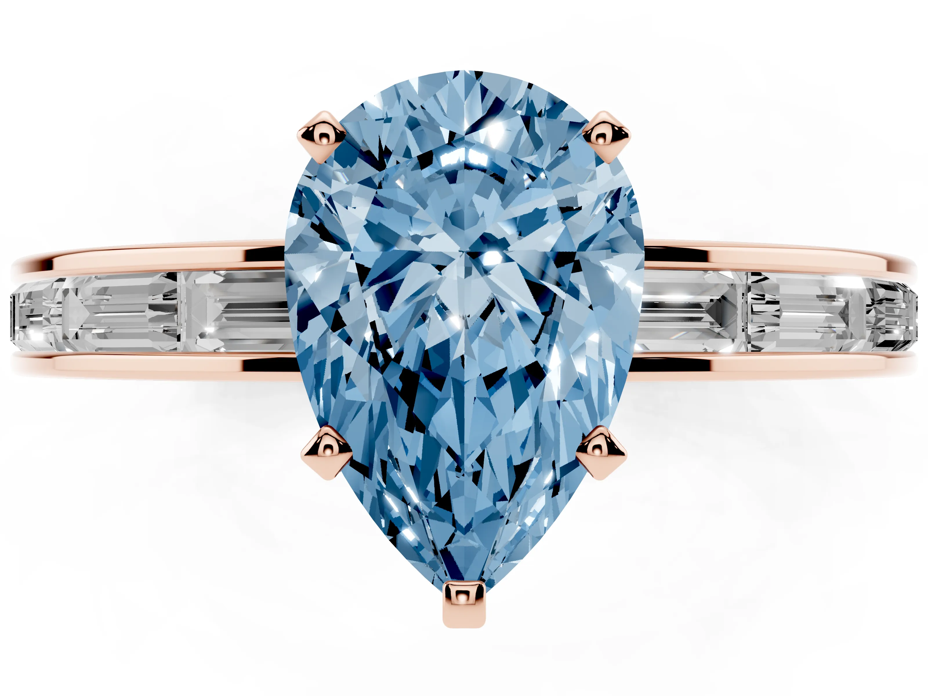Fancy Blue Pear Cut Diamond Solitaire Ring Set in Rose gold with Channel-Set Baguette Band and Prong Setting