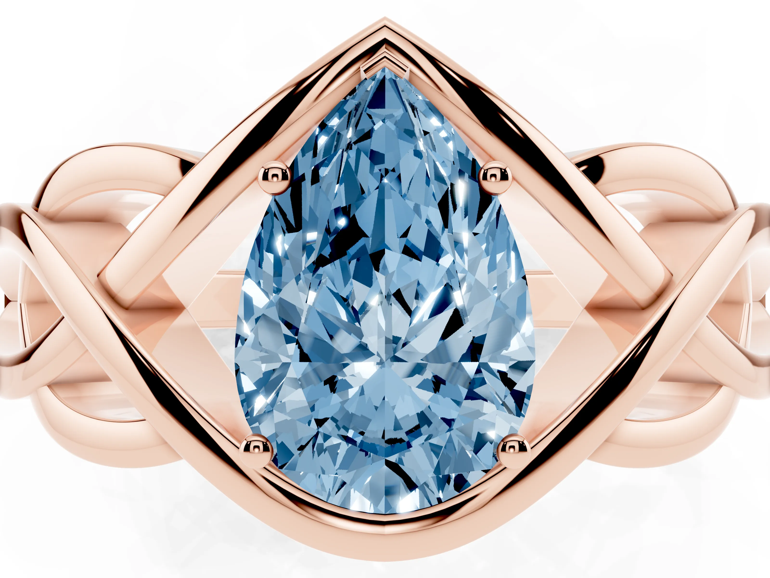 Fancy Blue Pear Cut Diamond Solitaire Ring Set in Rose gold with Intertwined Band