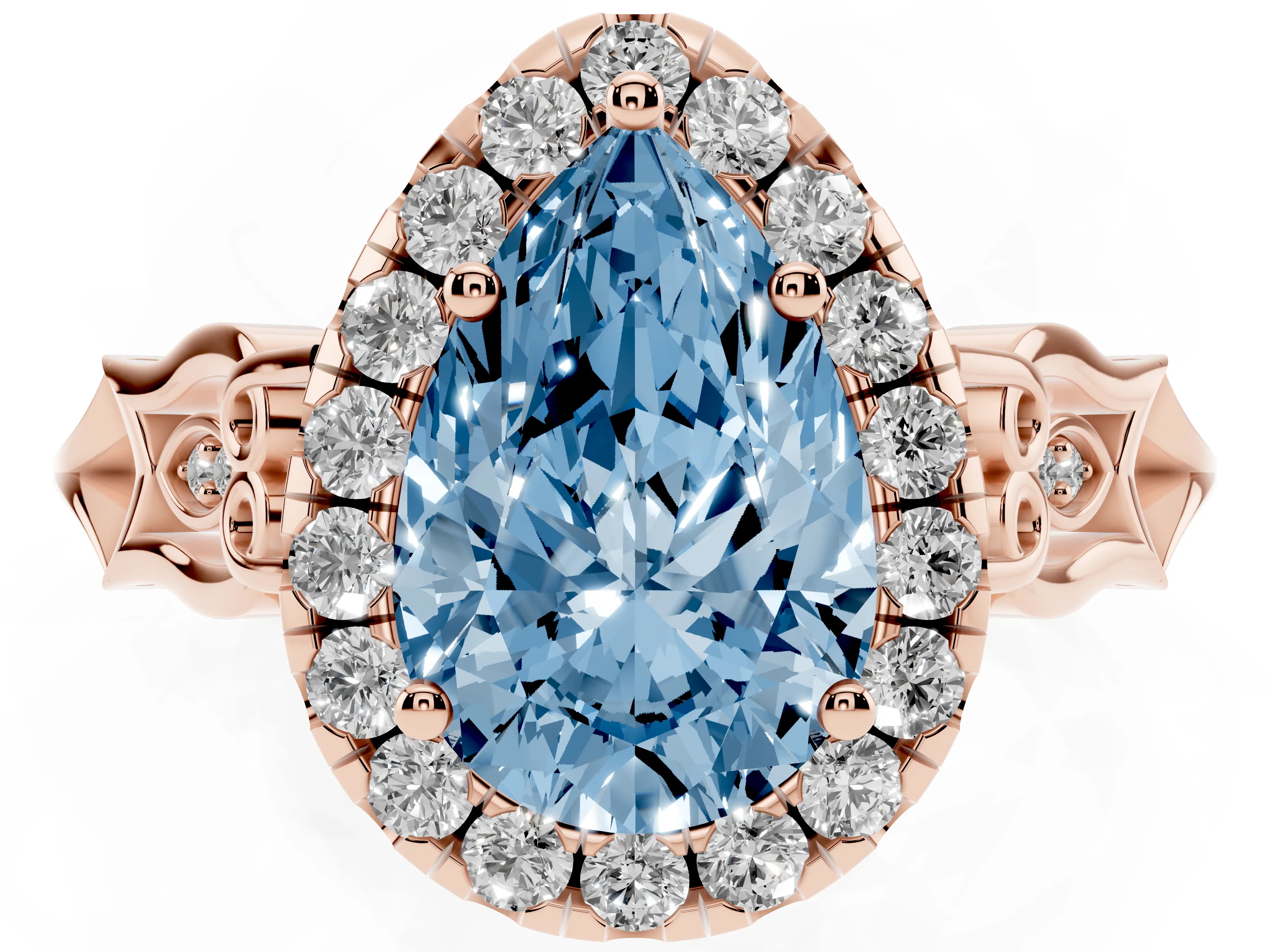 Fancy Blue Pear Cut Diamond Halo Engagement Ring Set in Rose gold with Filigree Band and Prong-Set Center