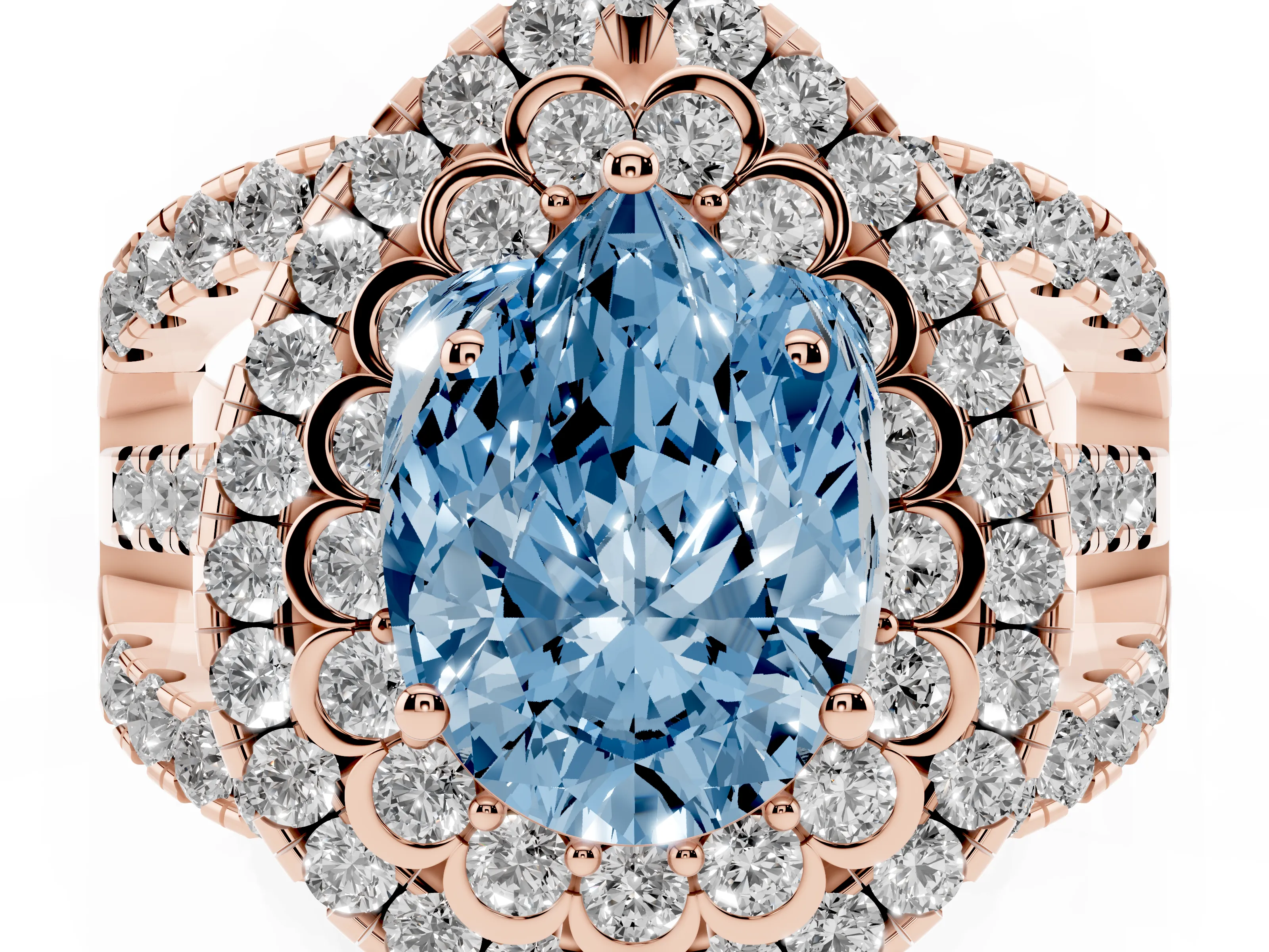 Fancy Blue Pear Cut Diamond Double Halo Ring Set in Rose gold with Round Pavé Split Shank