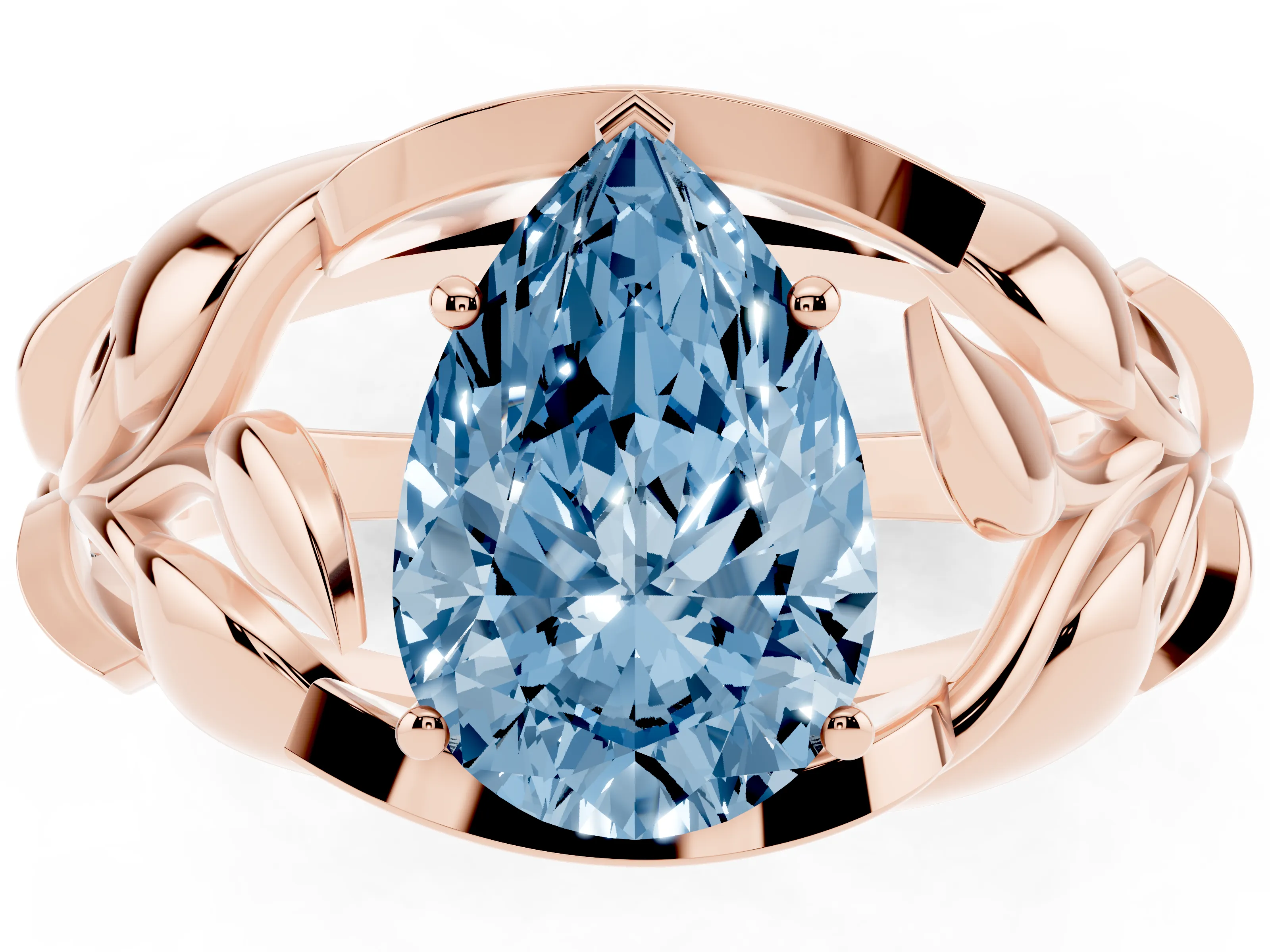 Fancy Blue Pear Cut Diamond Leaf-Inspired Engagement Ring Set in Rose gold with Round Accents