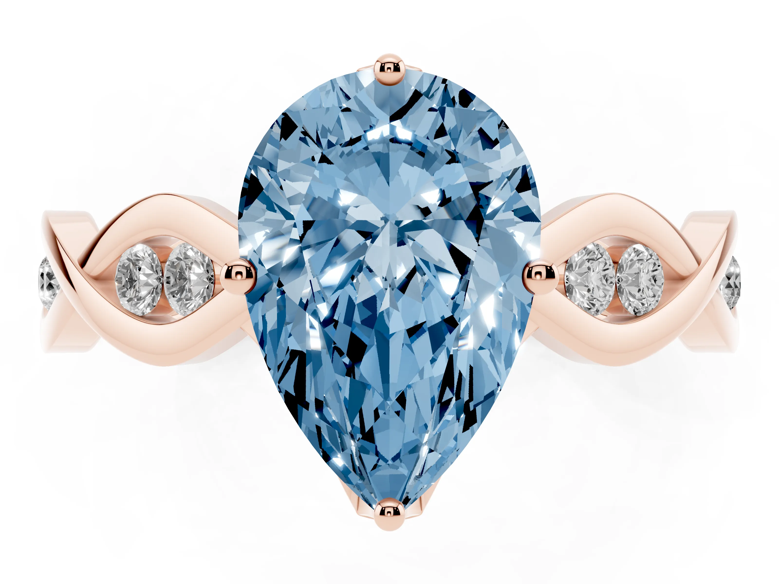 Fancy Blue Pear Cut Diamond Twist Band Solitaire Ring Set in Rose gold with Leaf Prong Setting and Accent Stones