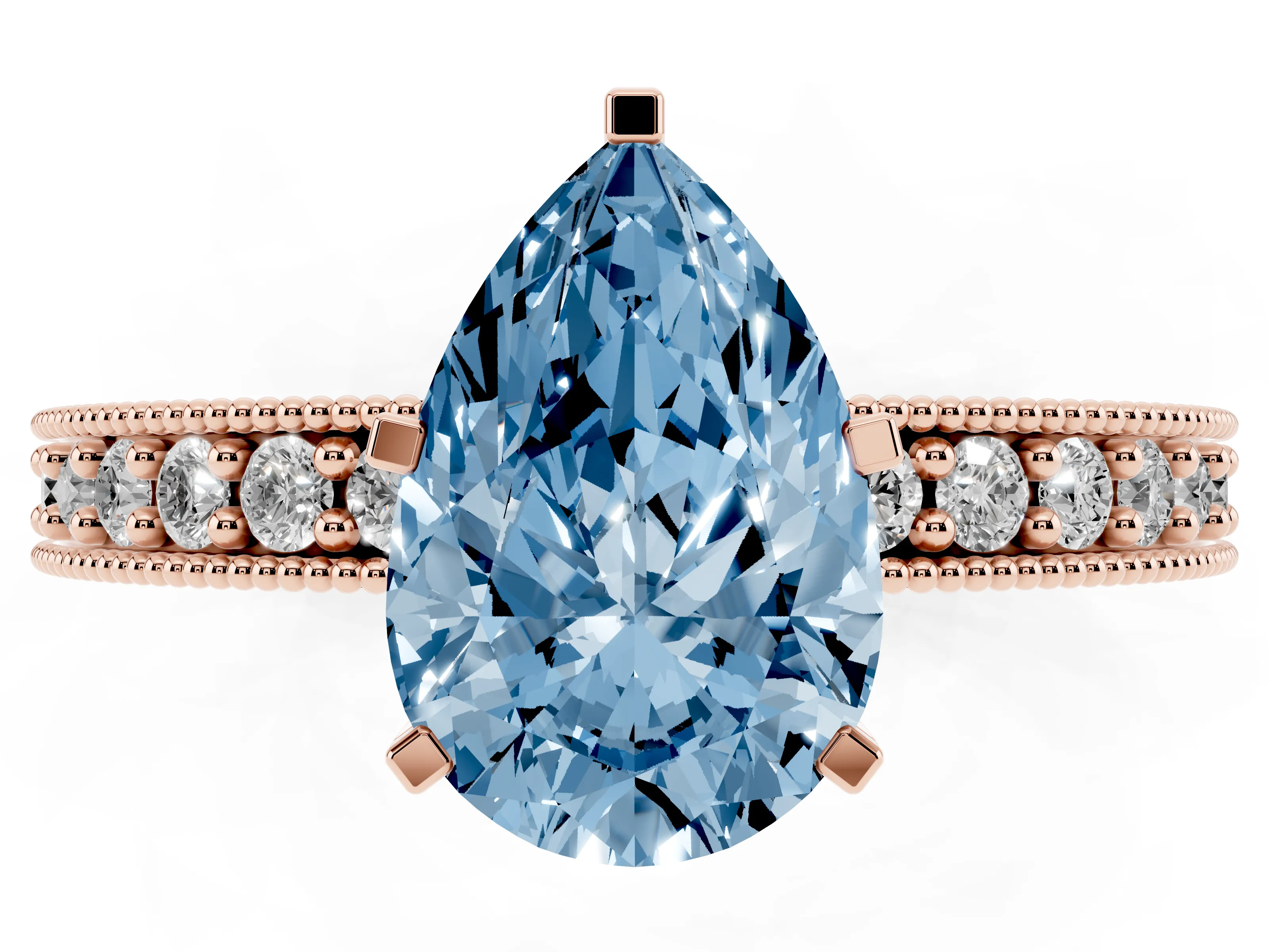 Fancy Blue Pear Cut Diamond Milgrain Pavé Engagement Ring Set in Rose gold with Prong Setting
