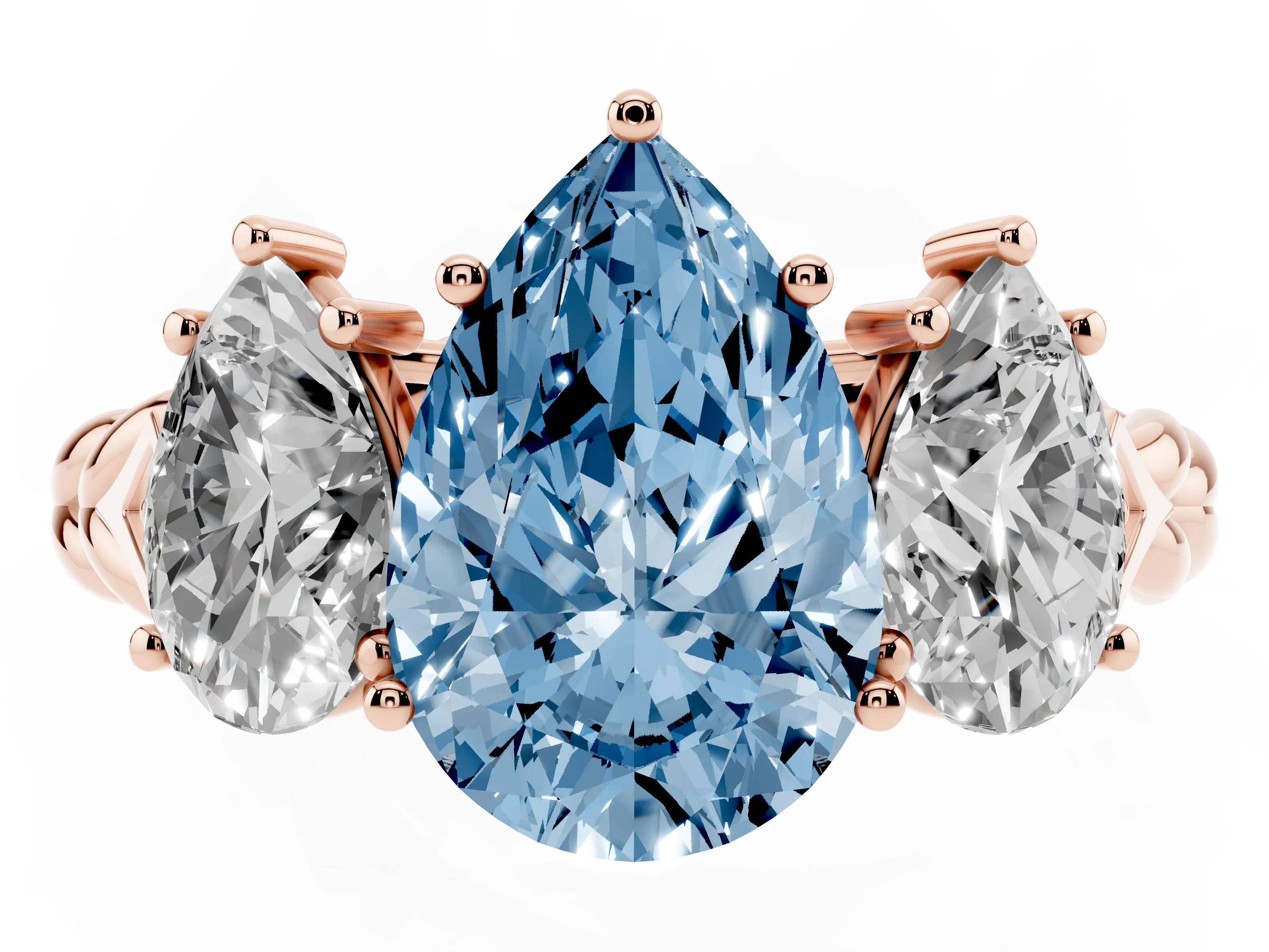 Fancy Blue Pear Cut Diamond Three-Stone Ring Set in Rose gold with Braided Band