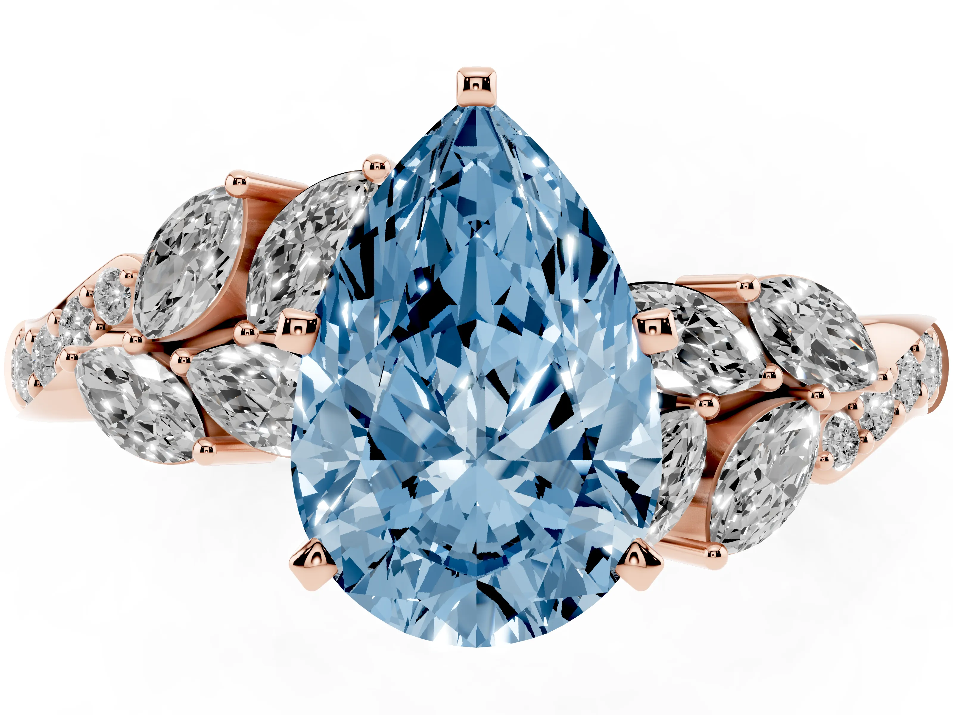 Fancy Blue Pear Cut Diamond Solitaire Ring Set in Rose gold with Marquise Twist Band and Prong Setting