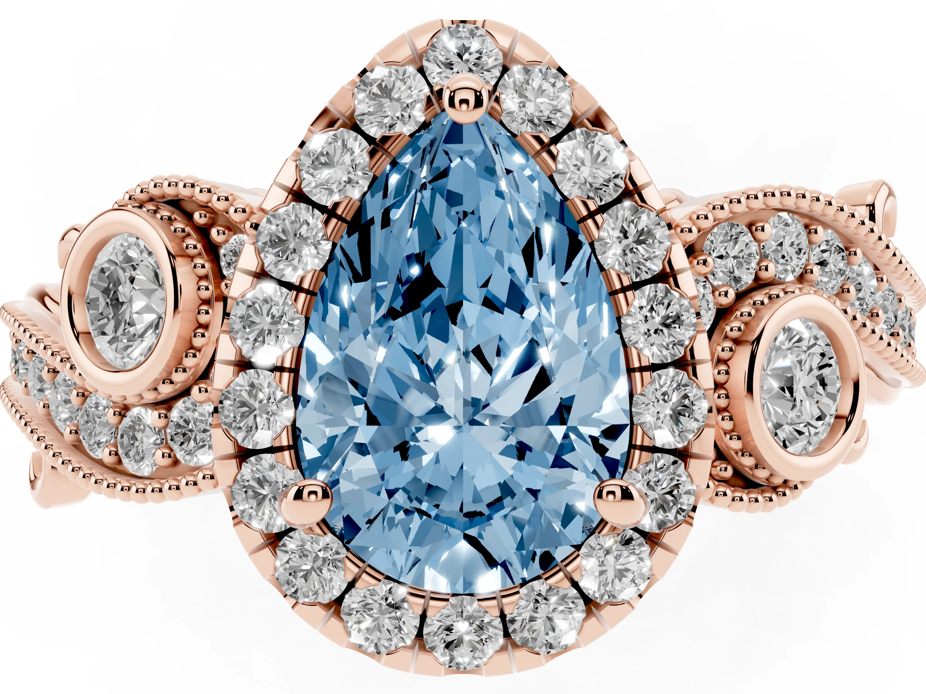 Fancy Blue Pear Cut Diamond Halo Ring Set in Rose gold with Milgrain Pavé Band and Prong Setting