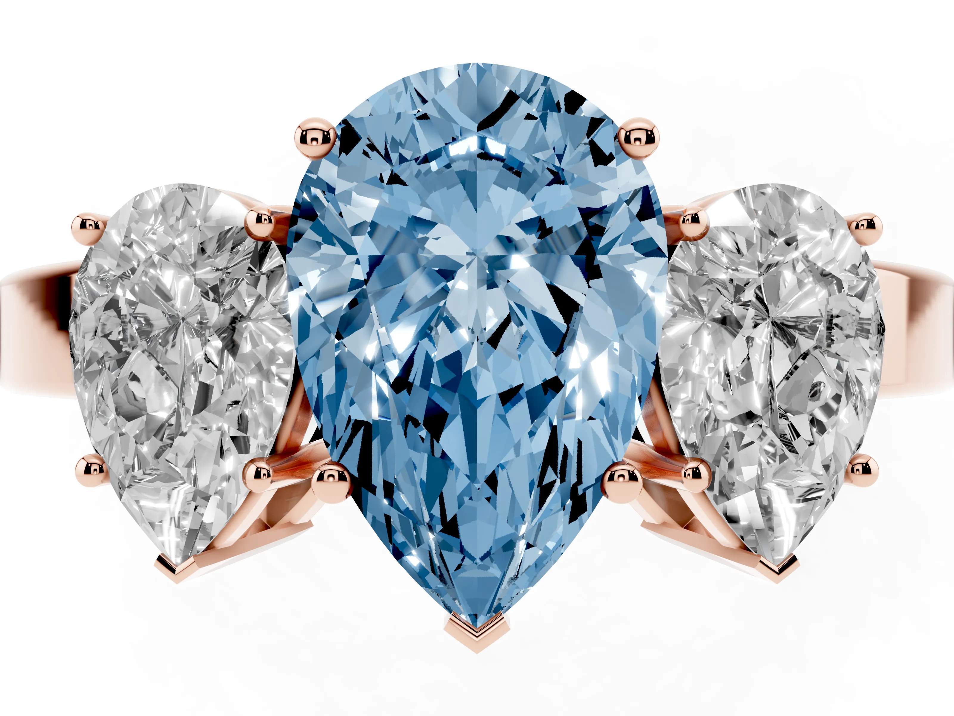 Fancy Blue Pear Cut Diamond Three-Stone Engagement Ring Set in Rose gold with Flat Band