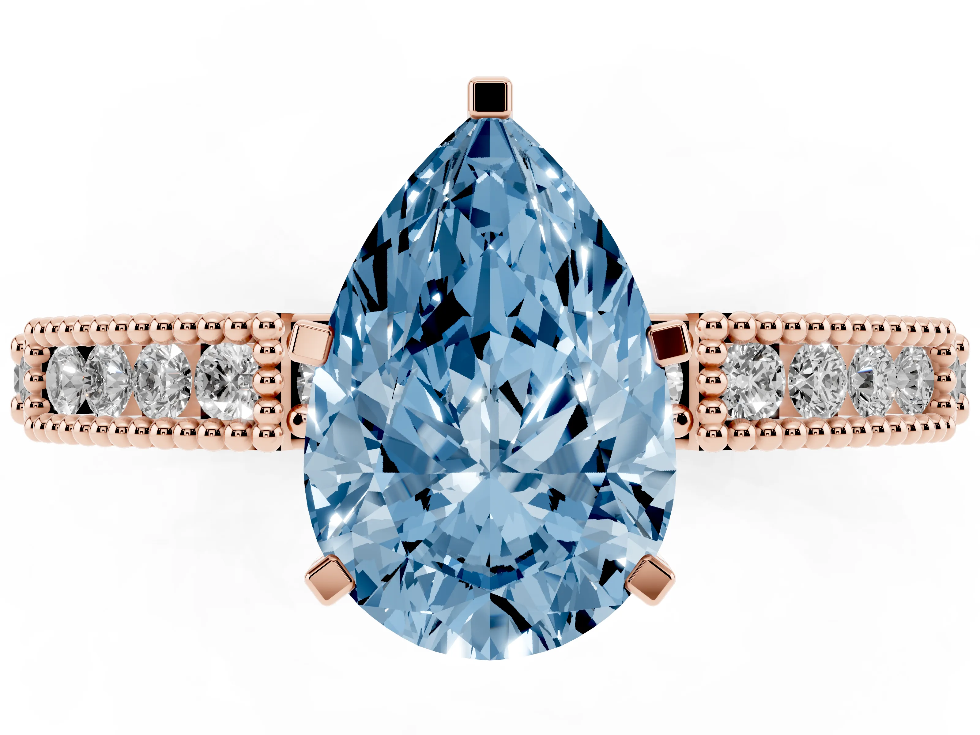 Fancy Blue Pear Cut Diamond Solitaire Ring Set in Rose gold with Slim Pavé Band and Prong Setting