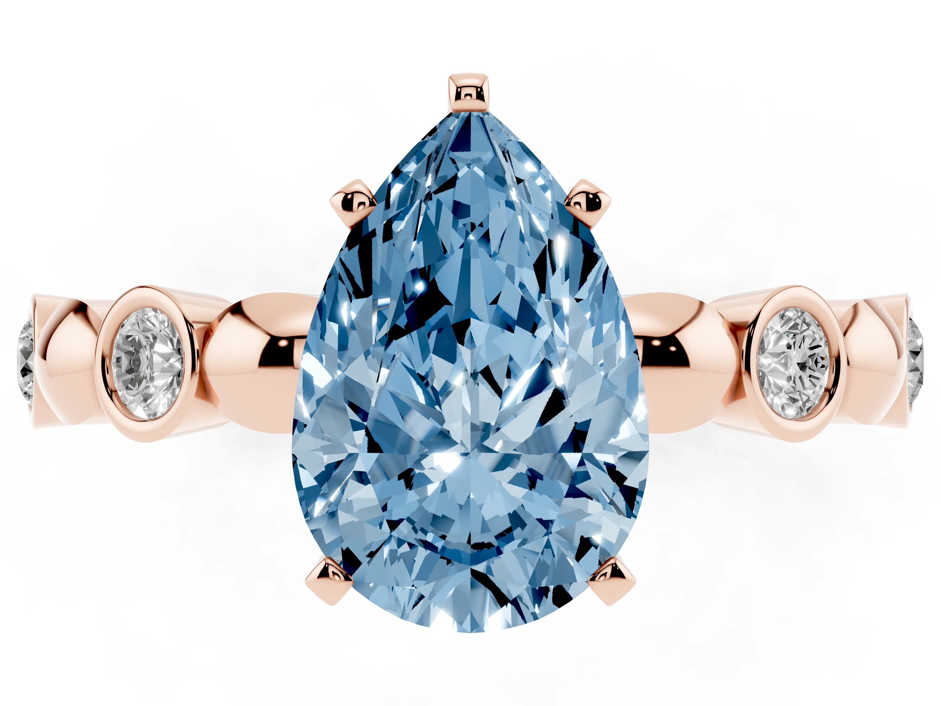 Fancy Blue Pear Cut Diamond Solitaire Ring Set in Rose gold with Bezel-Set Accents on Beaded Band and Prong Setting