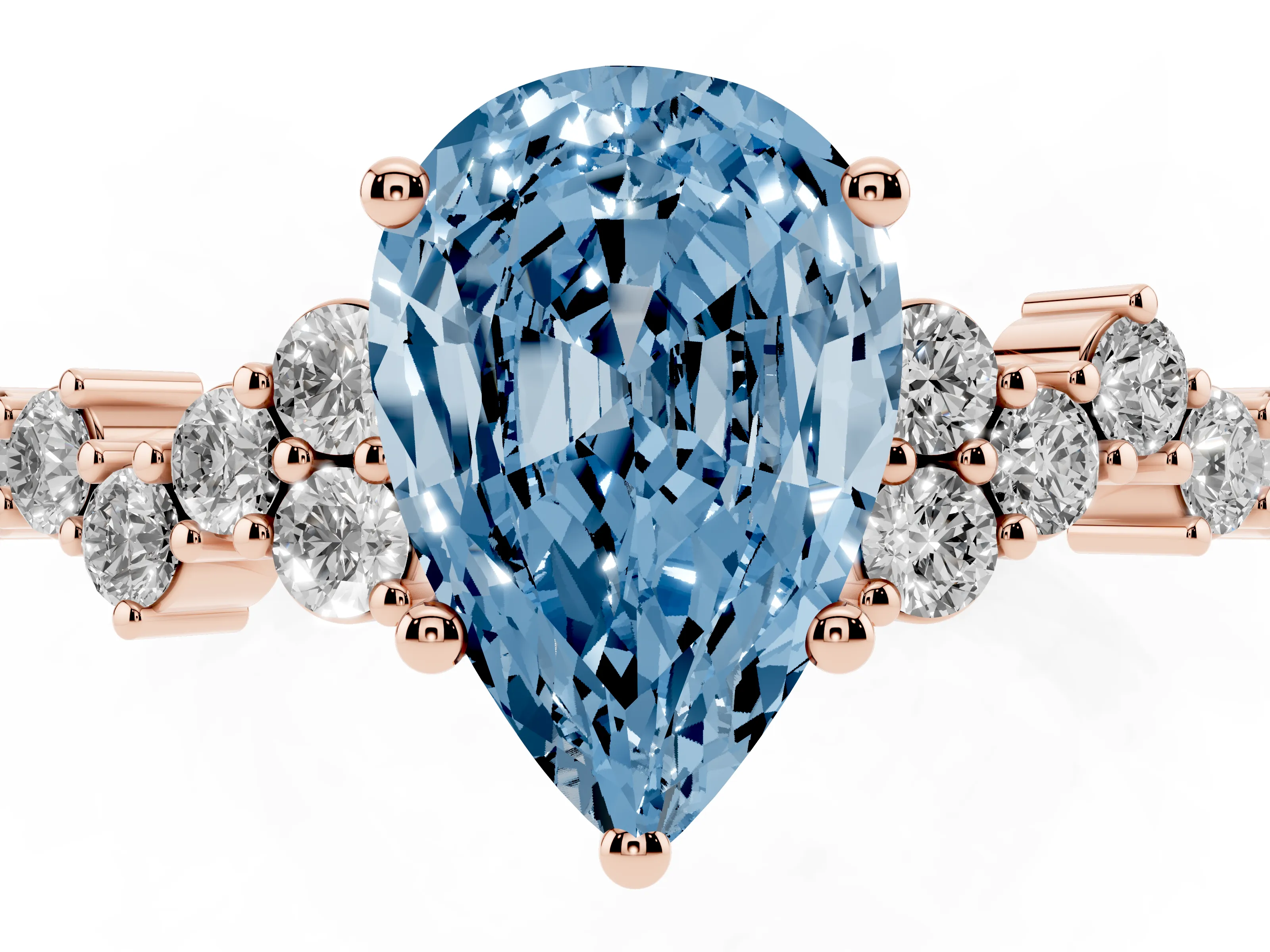 Fancy Blue Pear Cut Diamond Ring Set in Rose gold with Scattered Round Accents
