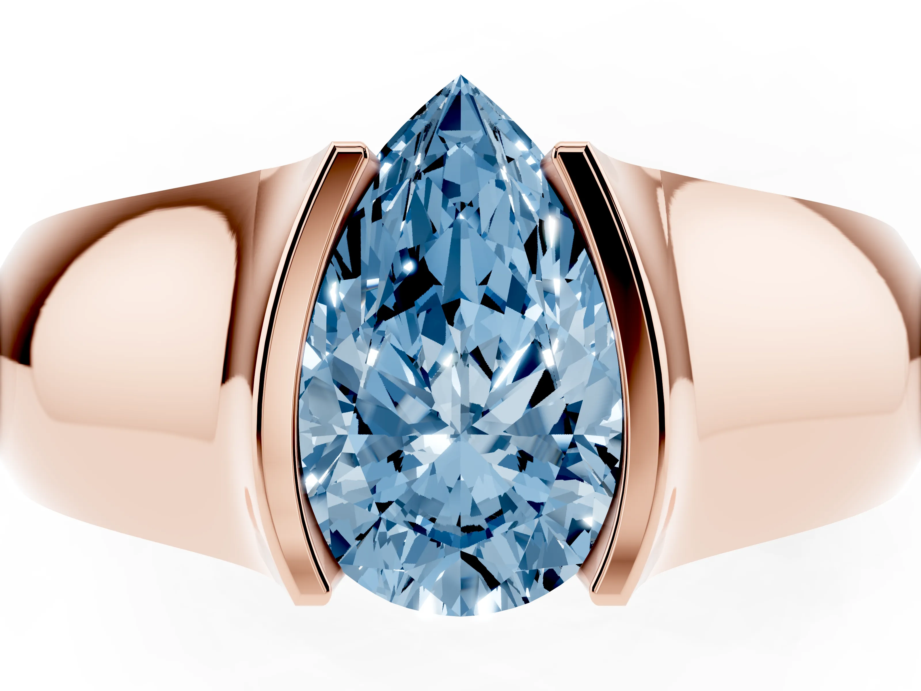 Fancy Blue Pear Cut Diamond Bezel Solitaire Ring Set in Rose gold with Wide Band