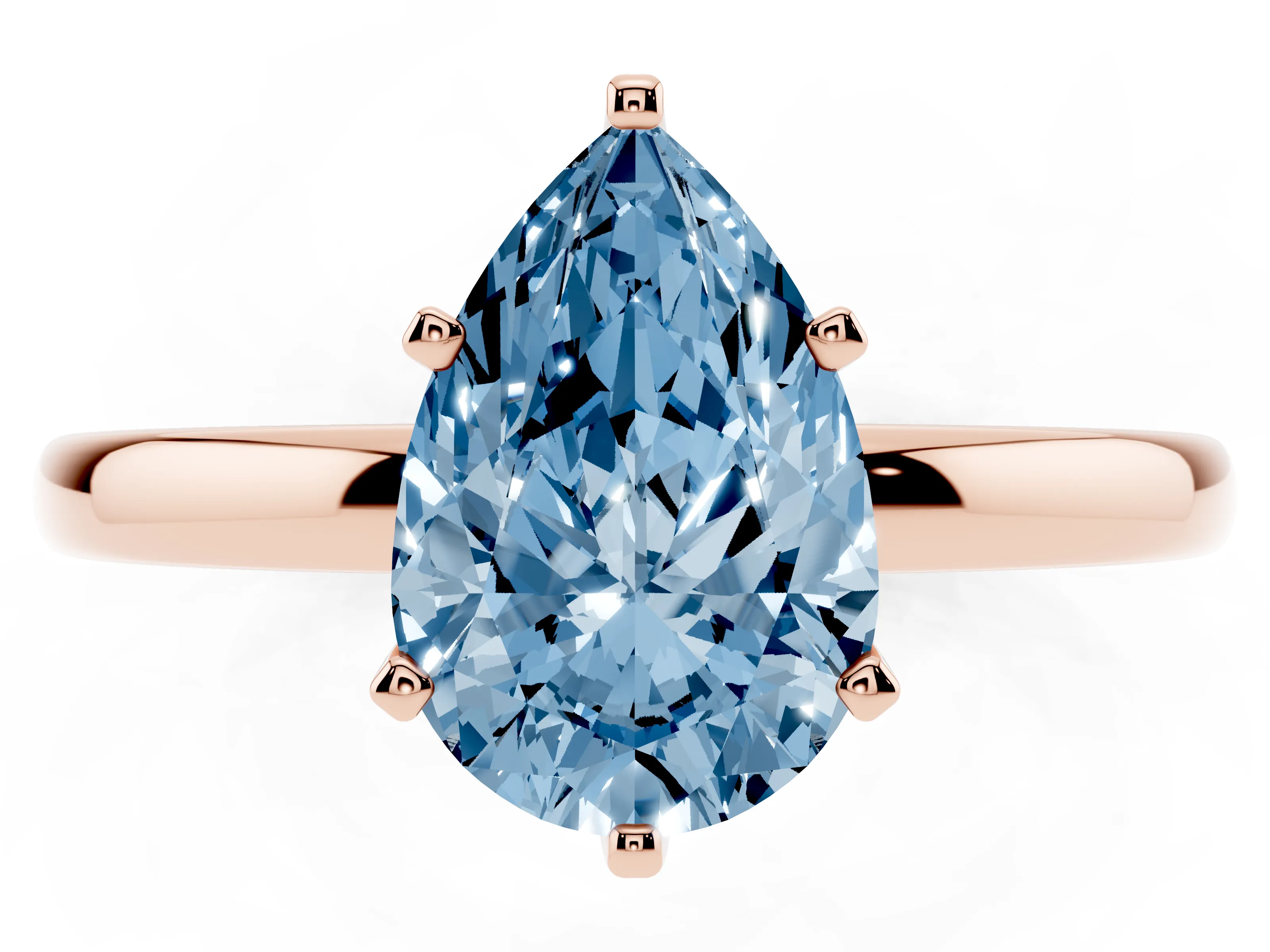 Fancy Blue Pear Cut Diamond Solitaire Ring Set in Rose gold with Raised Prong Setting on a Classic Band