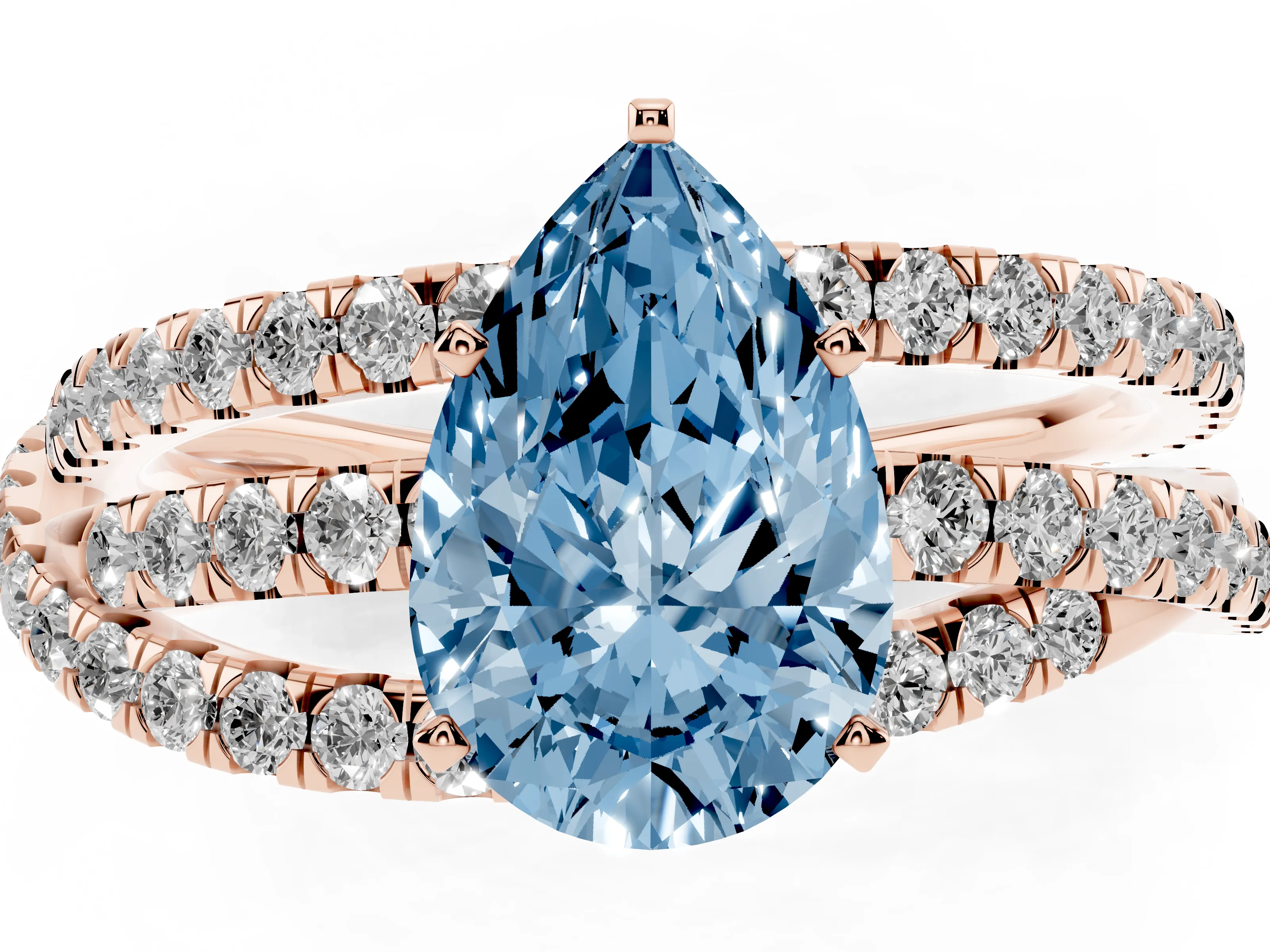 Fancy Blue Pear Cut Diamond Solitaire Twist Band Ring Set in Rose gold with Pavé Setting and Prong Head