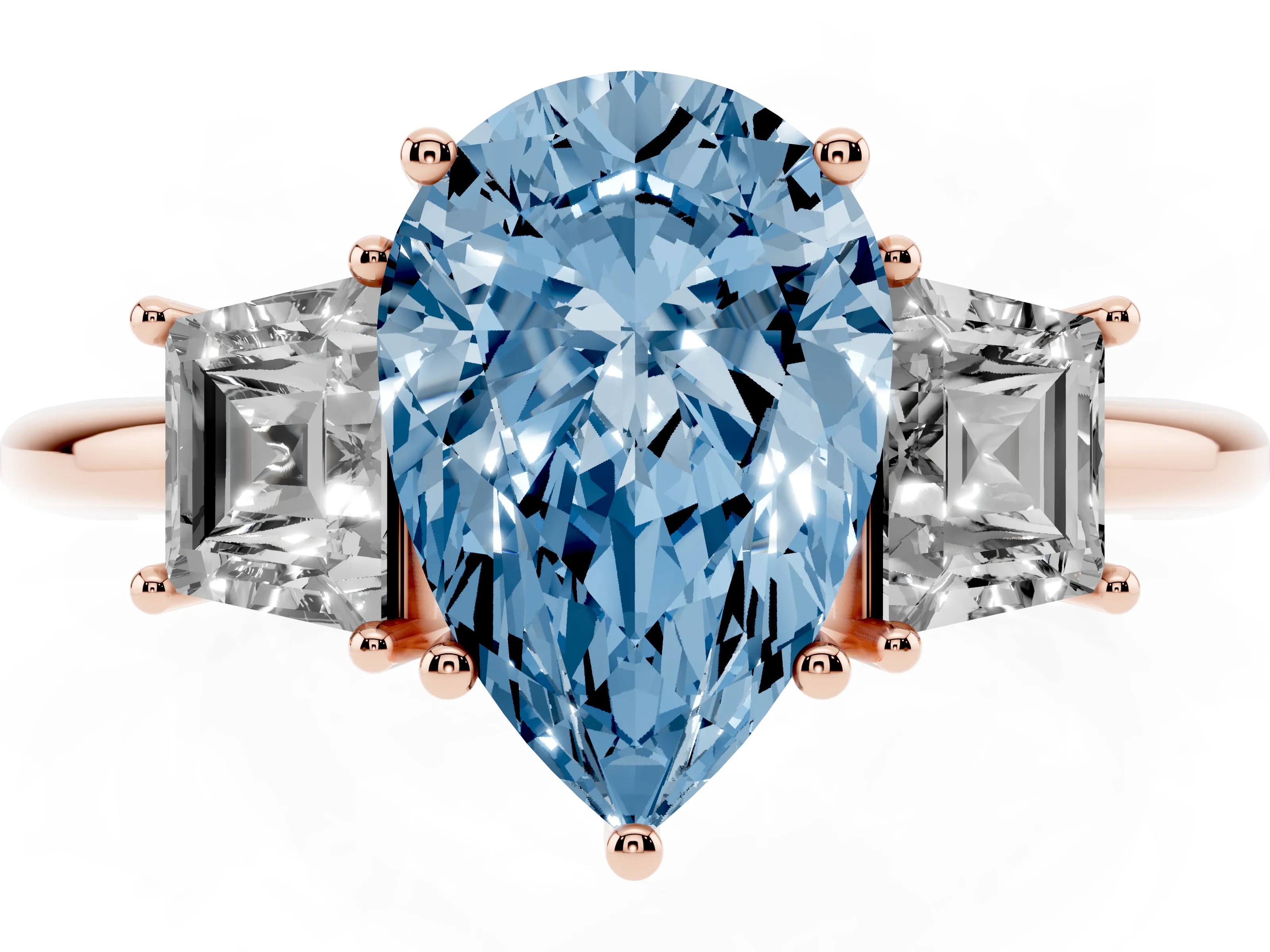 Fancy Blue Pear Cut Diamond Three-Stone Ring Set in Rose gold with Trapezoid Side Stones and Prong Setting