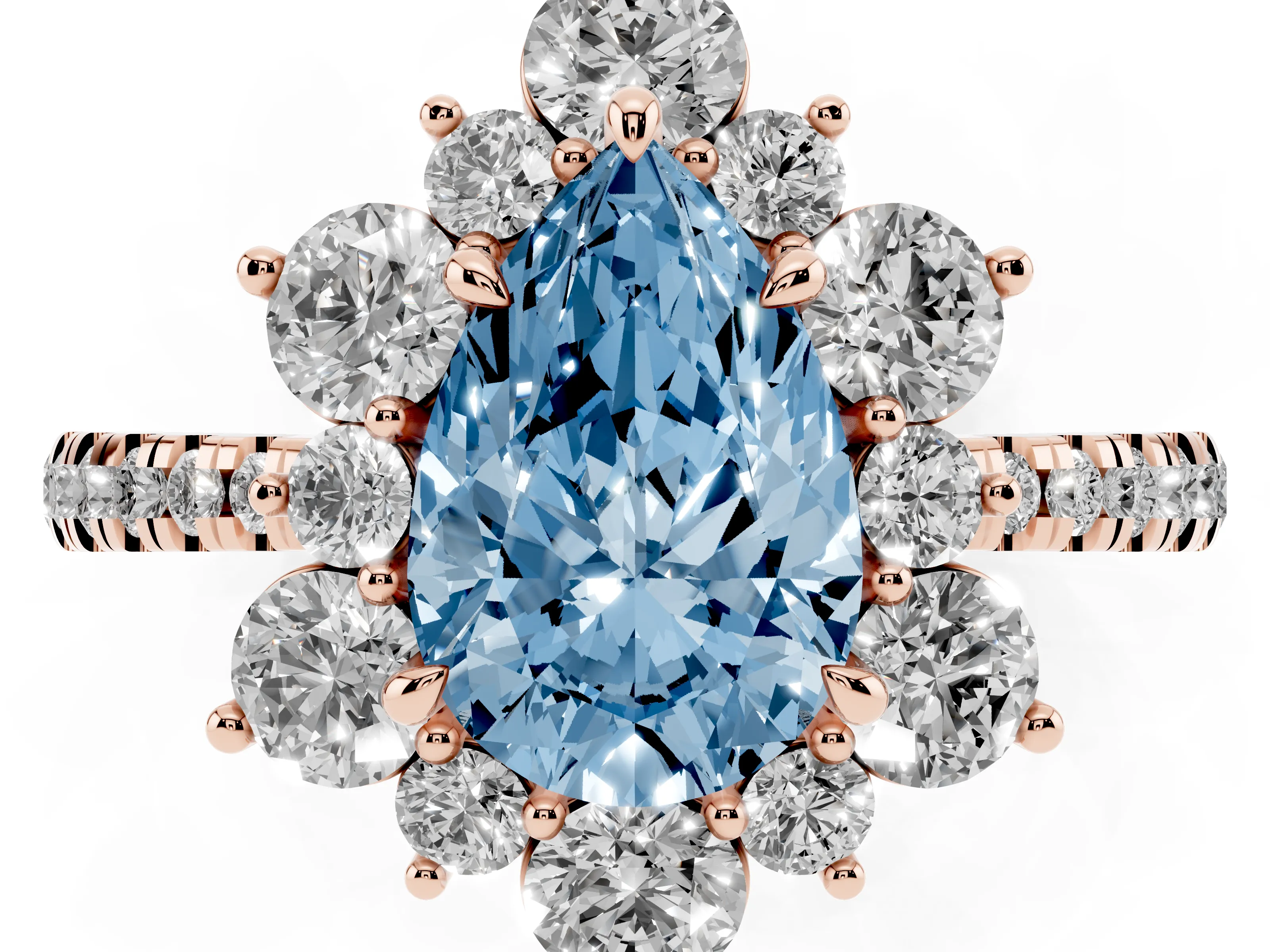 Fancy Blue Pear Cut Diamond Floral Halo Ring Set in Rose gold with Round Pavé Band and Prong Setting