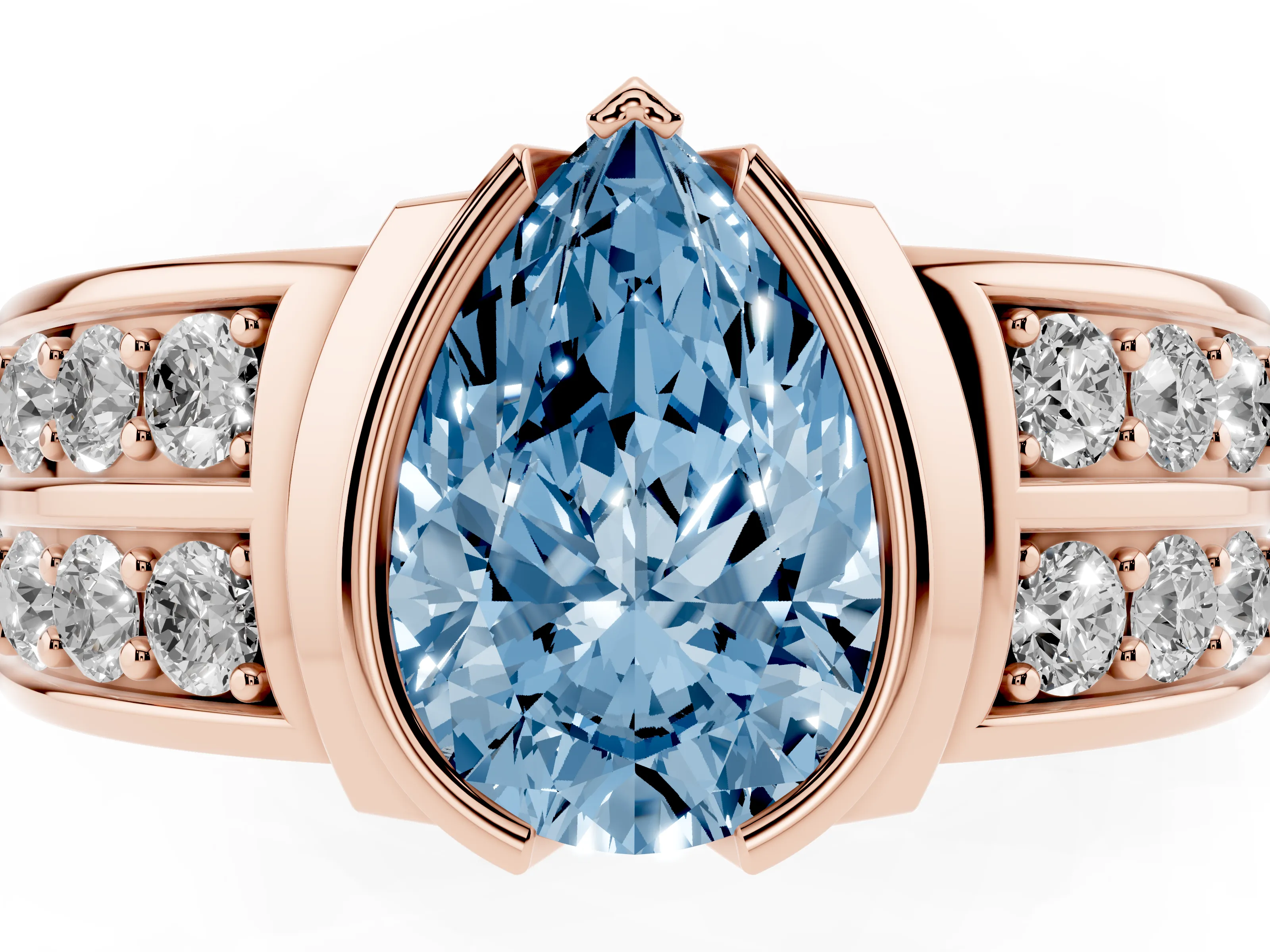Fancy Blue Pear Cut Diamond Wide Channel Set Band Ring Set in Rose gold with Bezel Setting