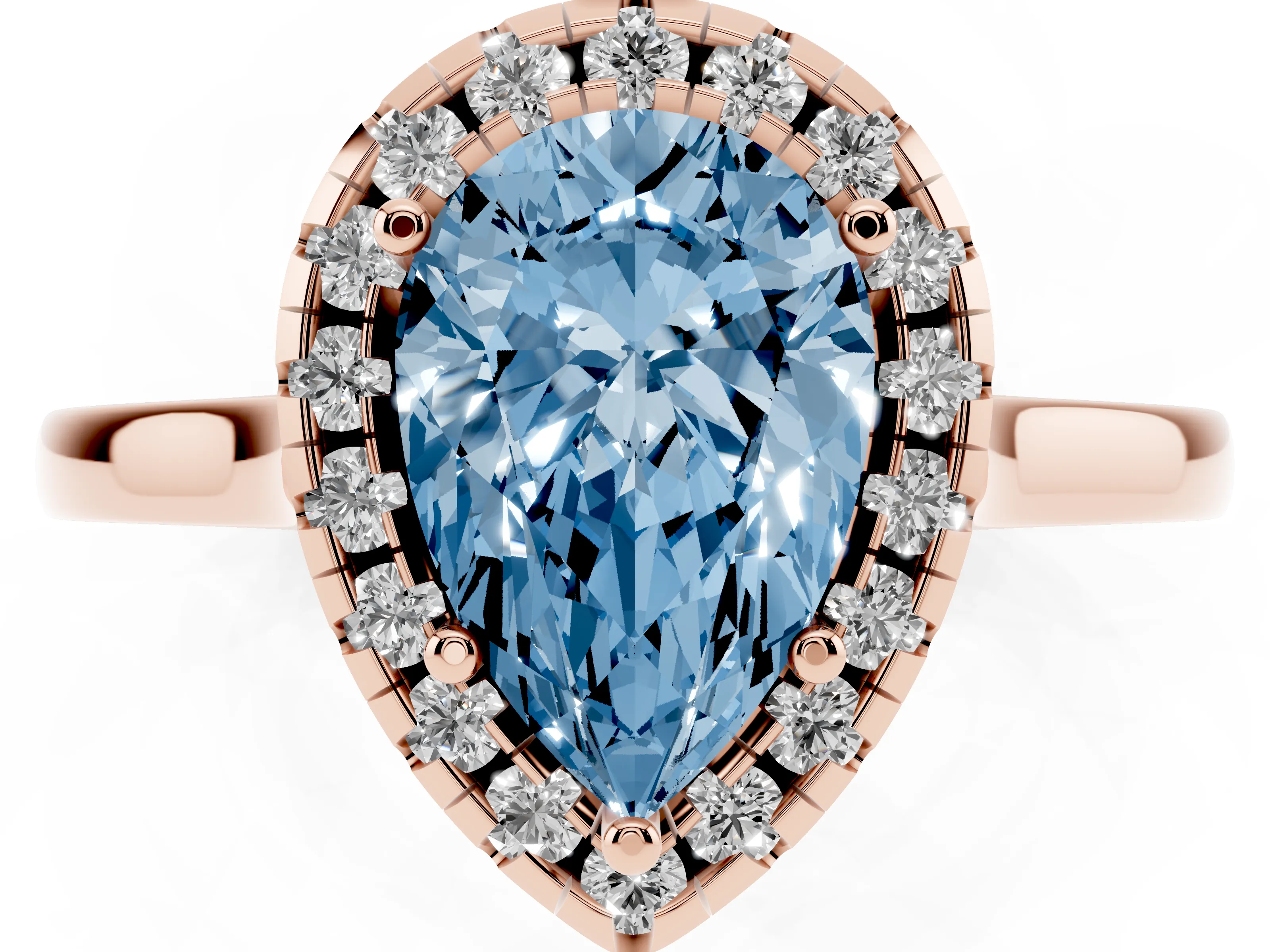 Fancy Blue Pear Cut Halo Round Diamond Solitaire Ring Set in Rose gold with Pavé Band and Prong Setting