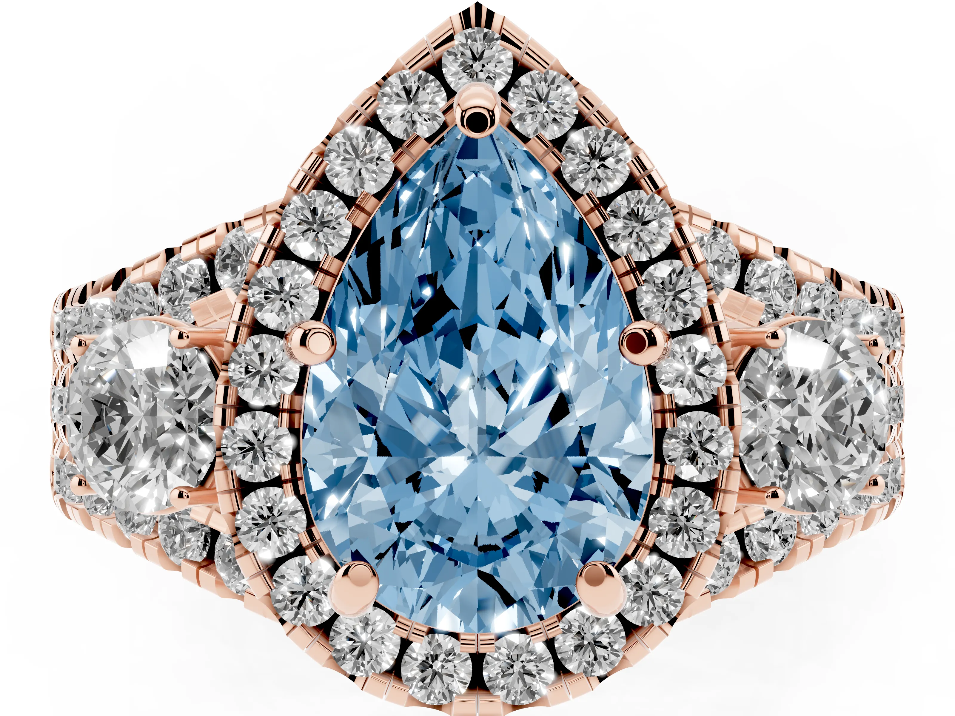 Fancy Blue Pear Cut Diamond Halo Split Shank Ring Set in Rose gold with Round Accent Stones and Prong Setting