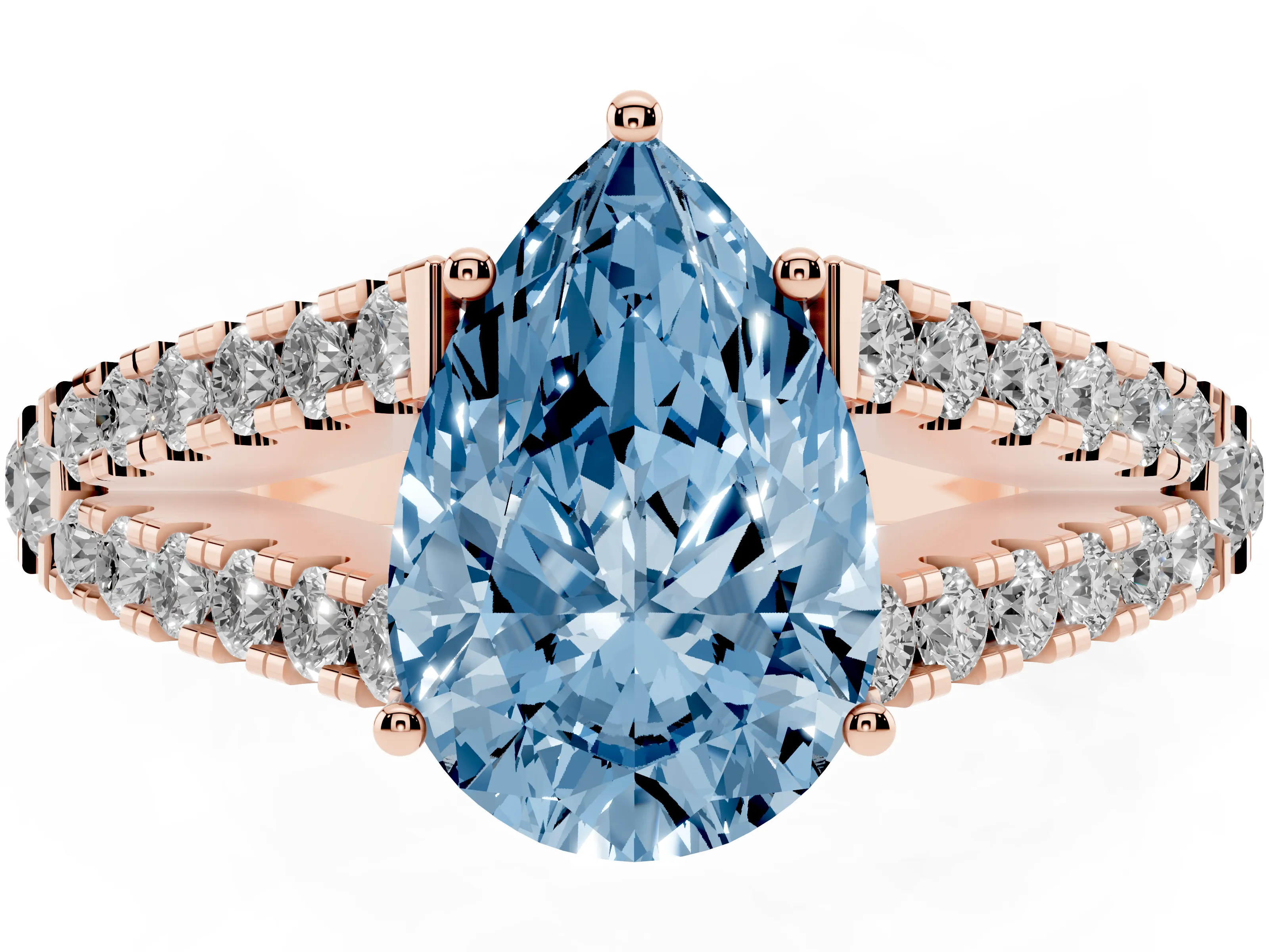 Fancy Blue Pear Cut Diamond Split Shank Pavé Engagement Ring Set in Rose gold with Prong-Held Center Stone
