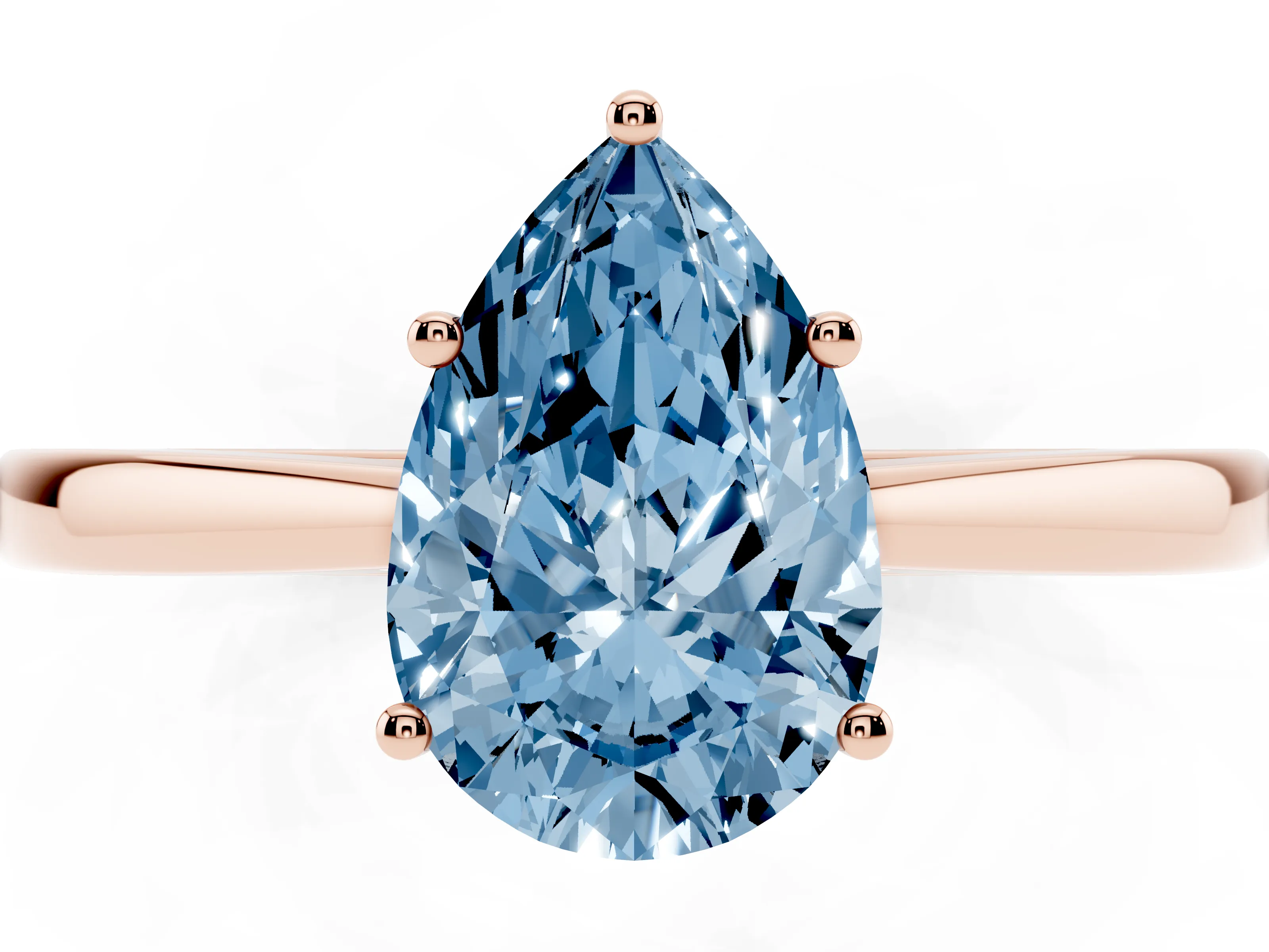 Fancy Blue Pear Cut Diamond Solitaire Ring Set in Rose gold with Split Shank and Prong Setting
