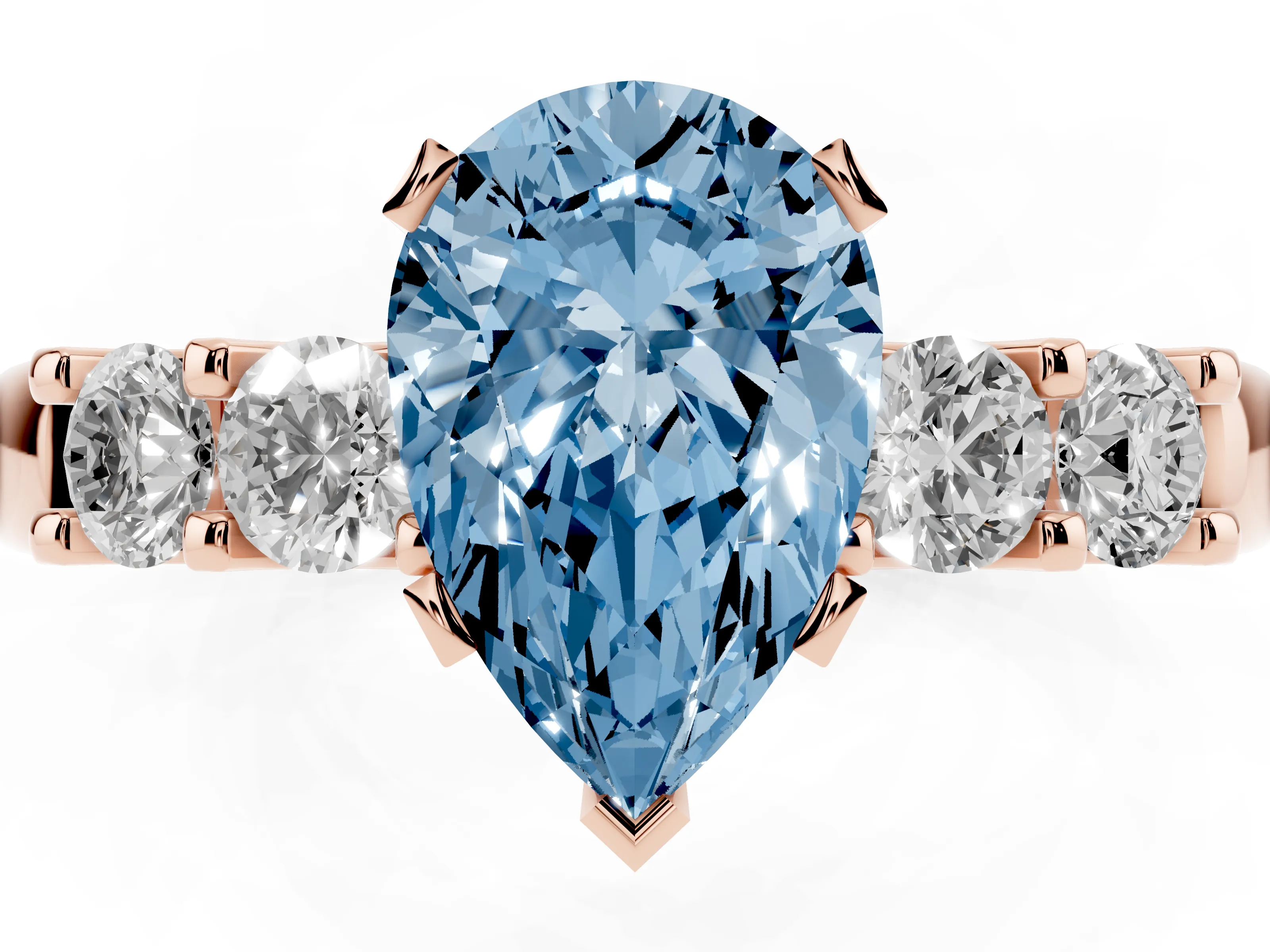 Fancy Blue Pear Cut Diamond Five-Stone Prong Set Engagement Ring Set in Rose gold with Channel Band