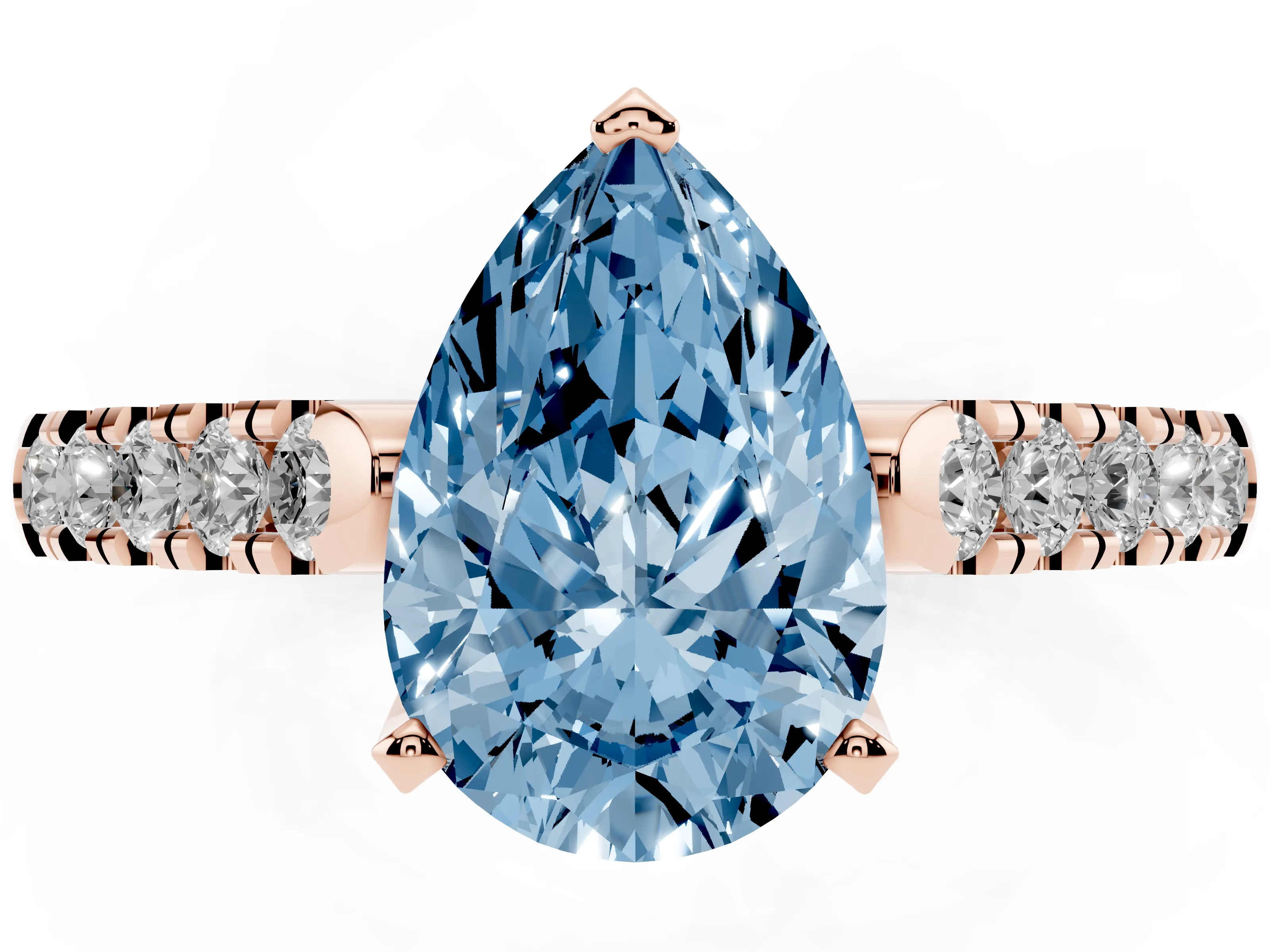 Fancy Blue Pear Cut Diamond Pavé Band Solitaire Ring Set in Rose gold with Partway Accent Stones and Prong Setting