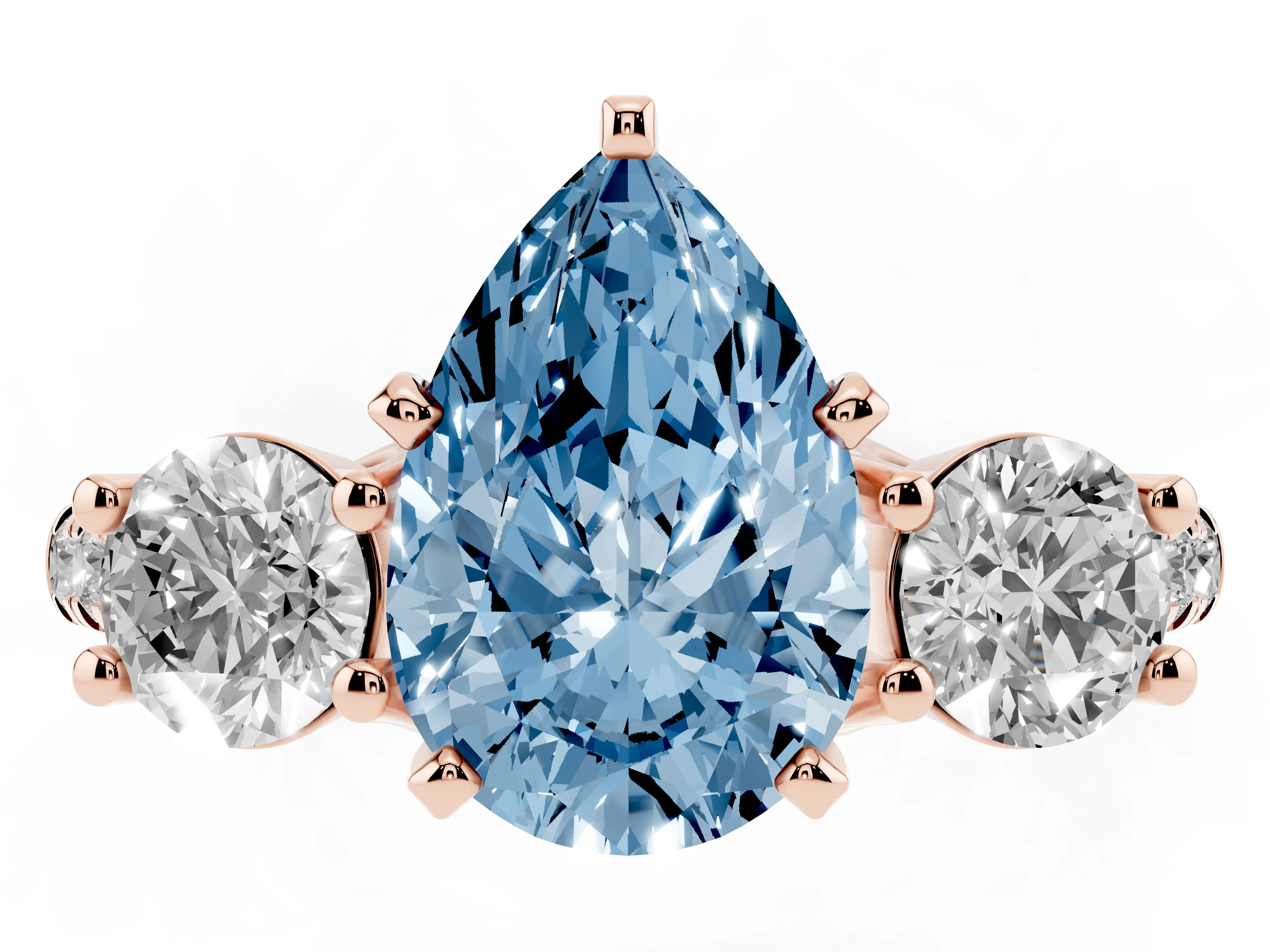 Fancy Blue Three-Stone Pear Cut Diamond Pavé Band Ring Set in Rose gold with Prong-Set Trio