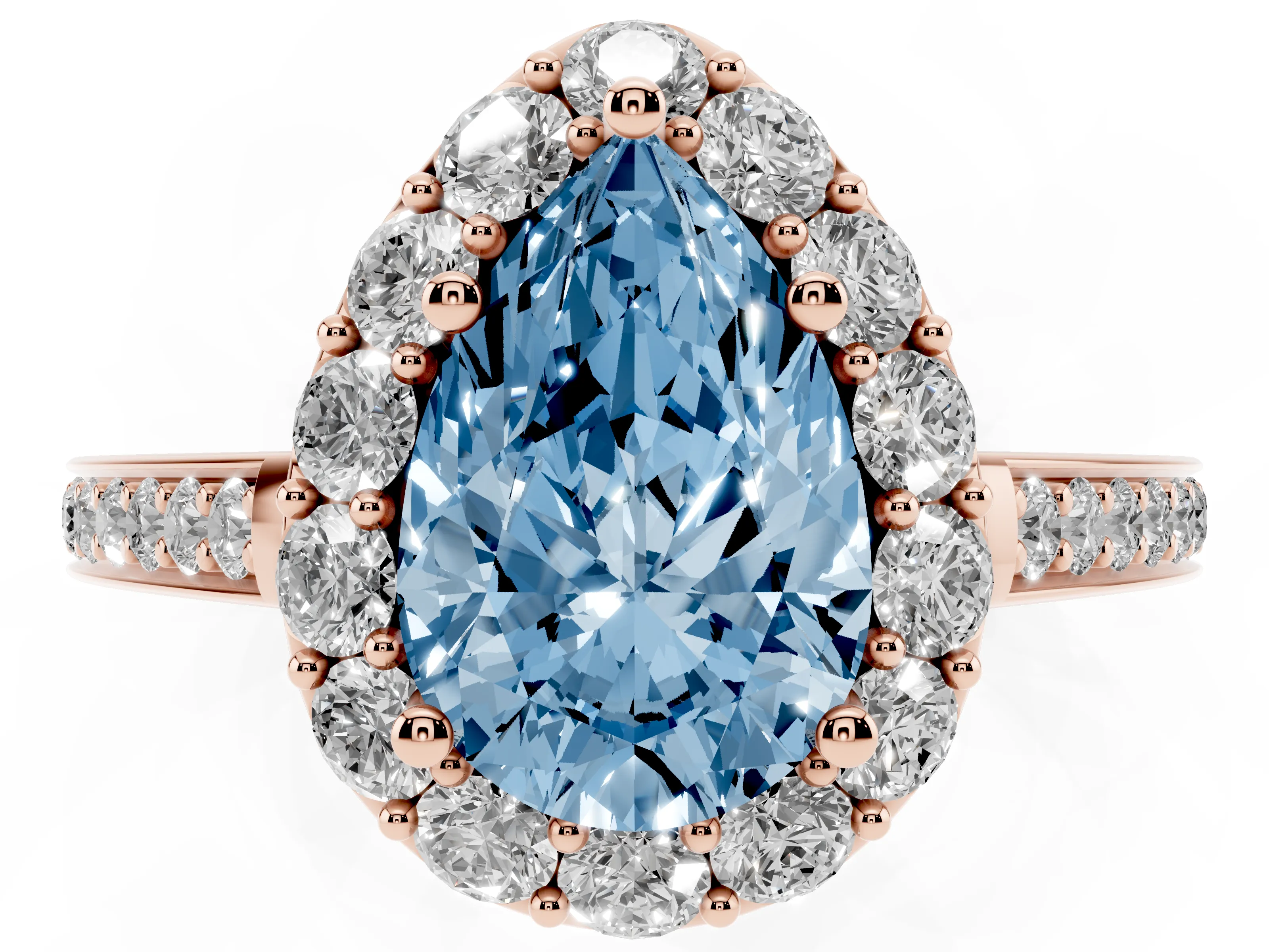 Fancy Blue Pear Cut Diamond Floral Halo Ring Set in Rose gold with Pavé Band and Prong Setting