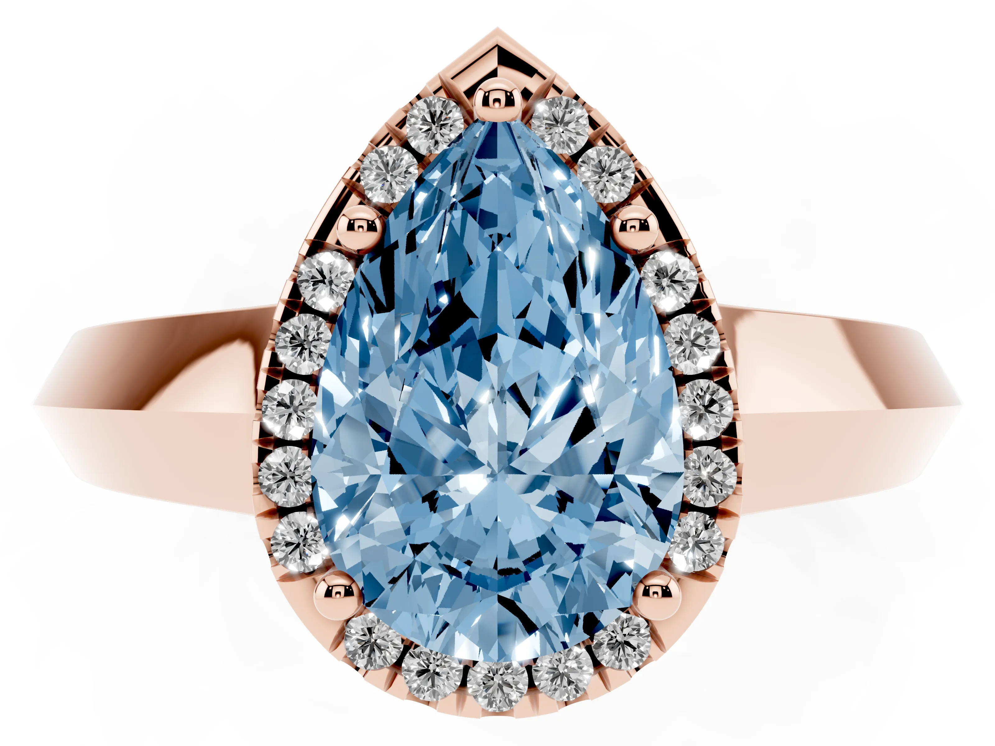 Fancy Blue Pear Cut Diamond Halo Ring Set in Rose gold with Cathedral Band and Prong Setting